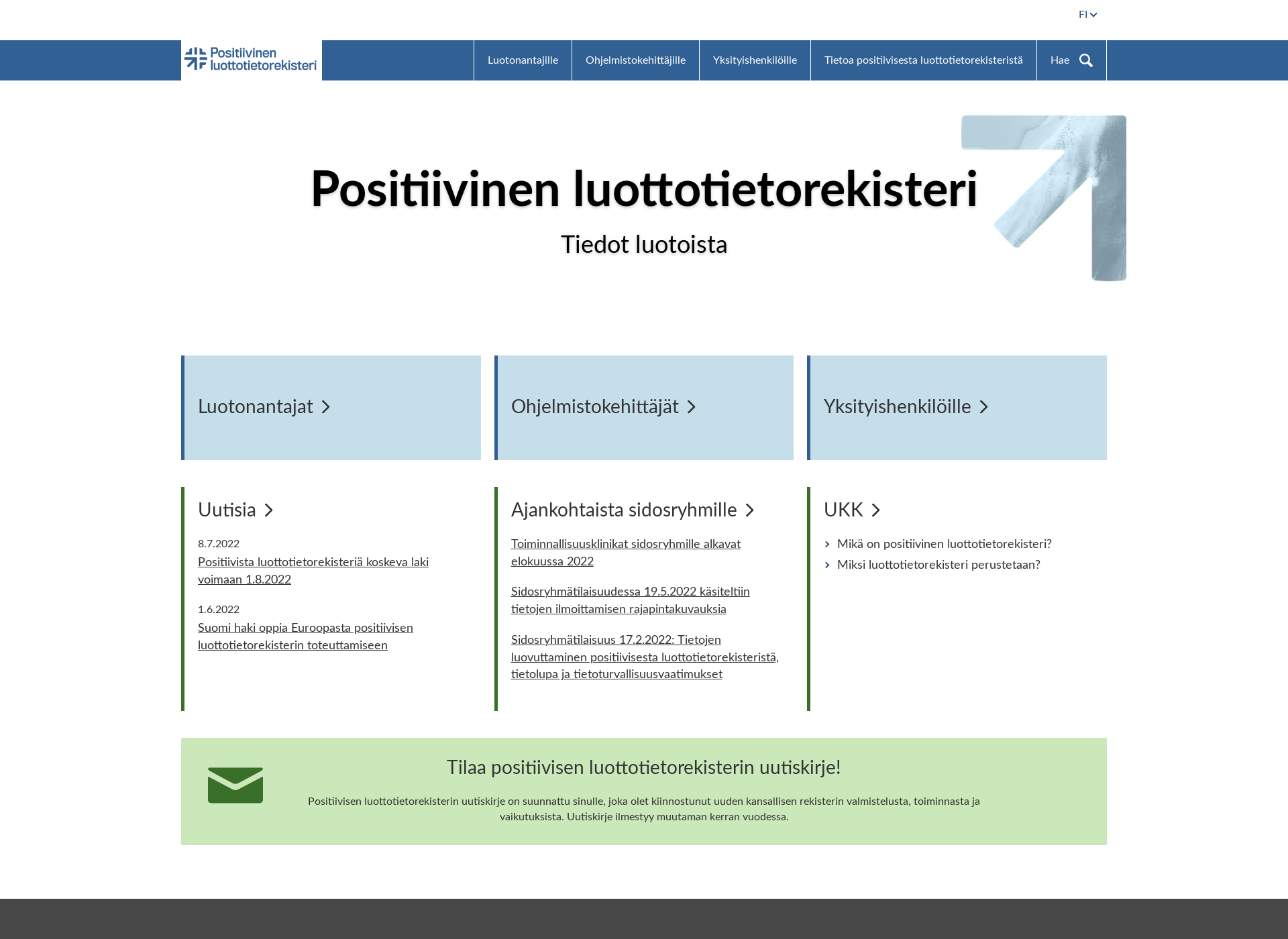 Skärmdump för positiivinenluottotietorekisteri.fi