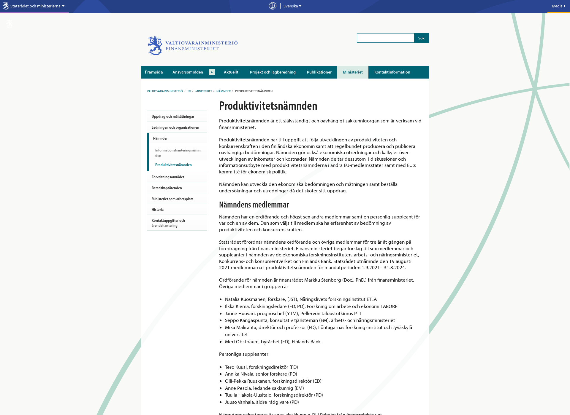 Screenshot for produktivitetsnämnden.fi