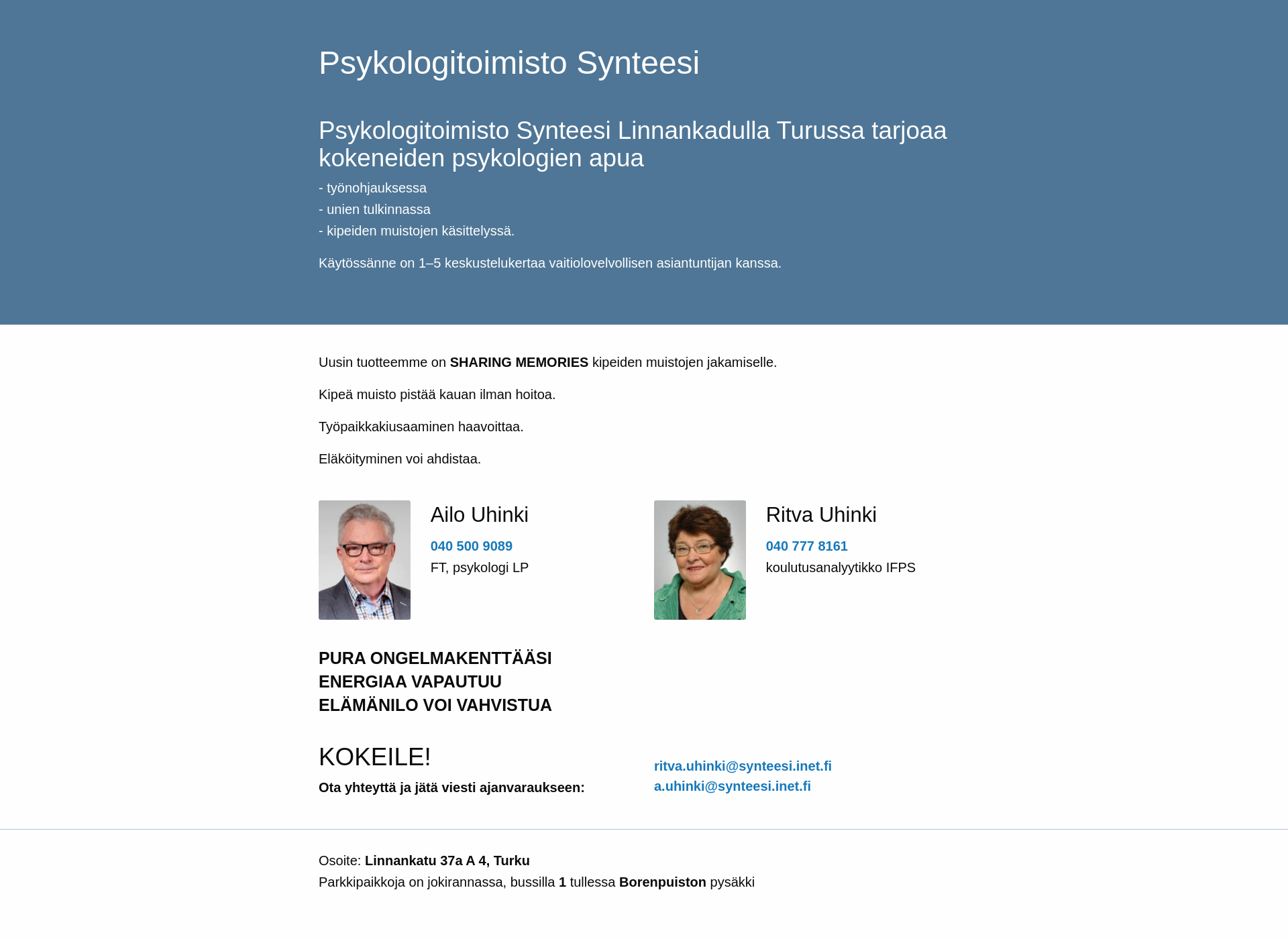 Skärmdump för psykologitoimistosynteesi.fi