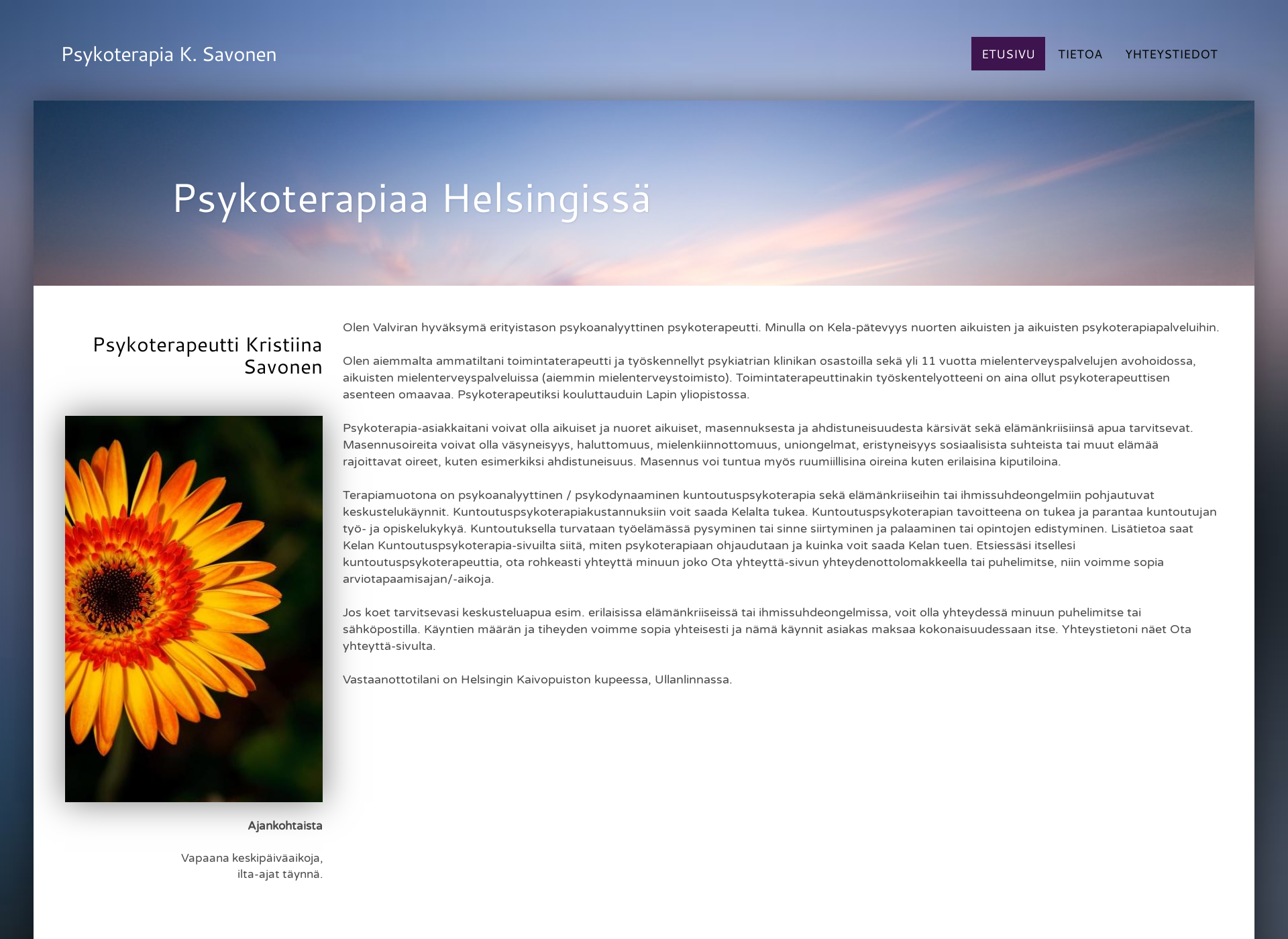 Skärmdump för psykoterapiaaoulu.fi