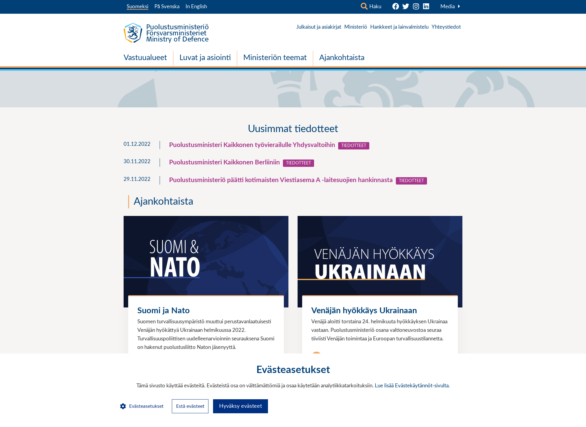 Skärmdump för puolustusministerio.fi