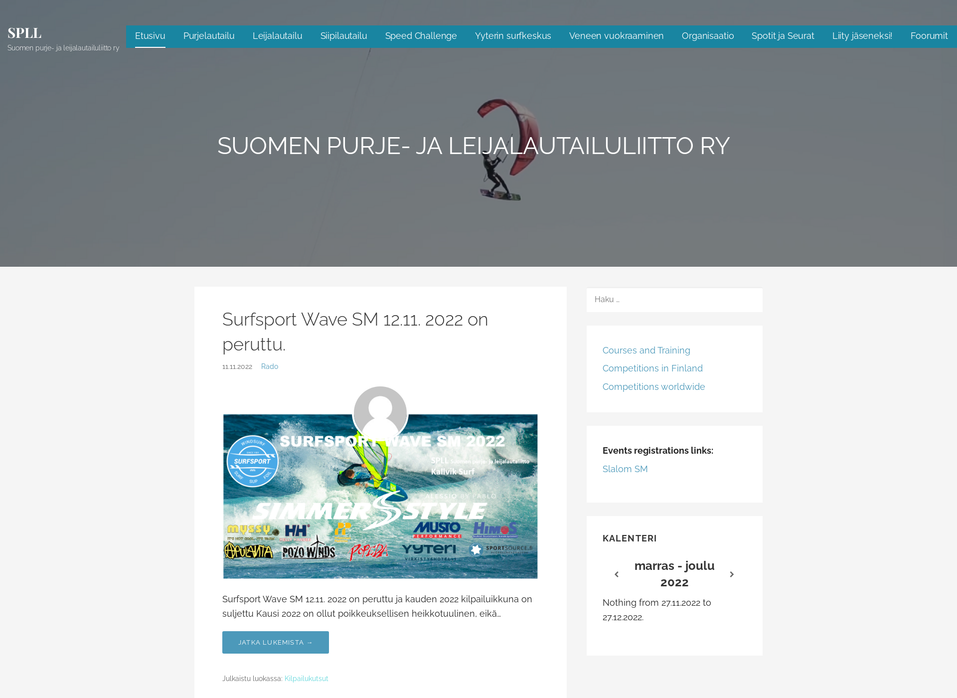 Skärmdump för purjelautaliitto.fi