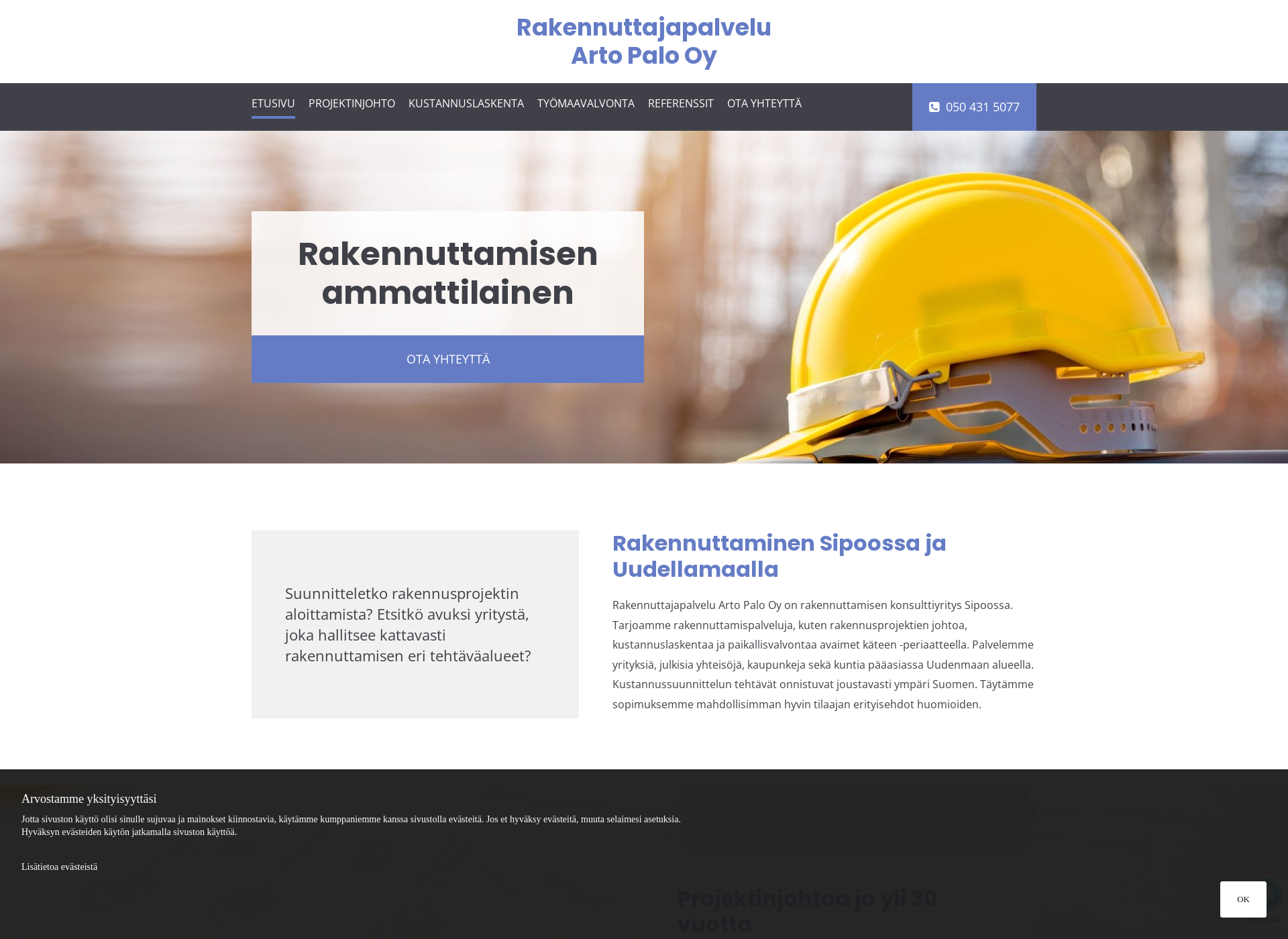 Skärmdump för rakennuttajapalveluartopalo.fi