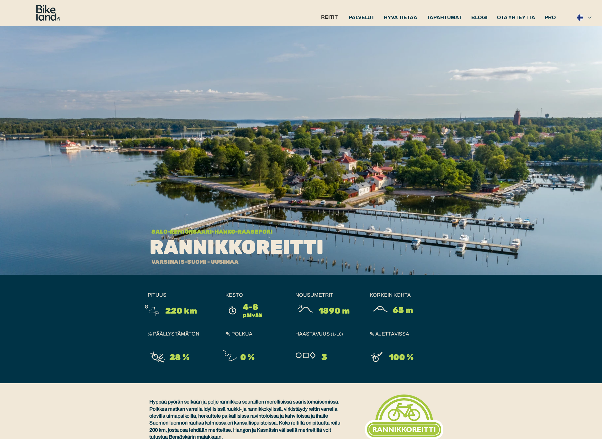 Skärmdump för rannikkoreitti.fi
