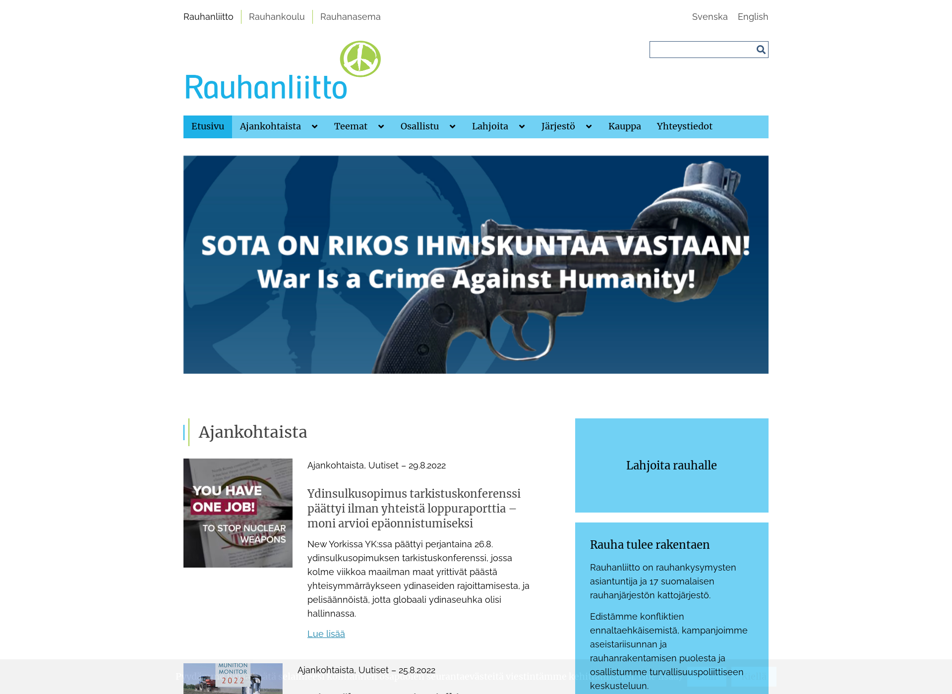 Skärmdump för rauhanliitto.fi