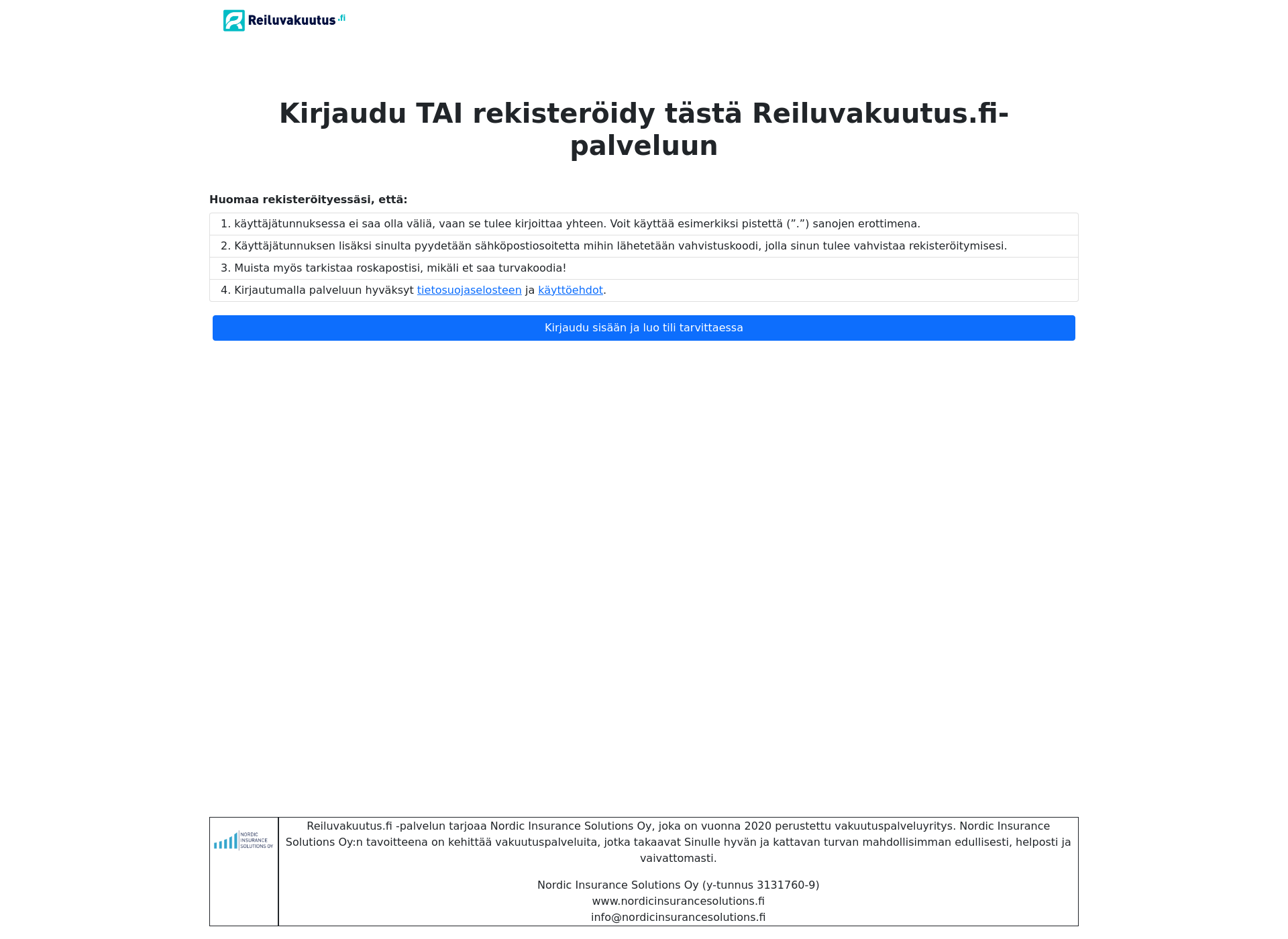 Skärmdump för reiluvakuutus.fi