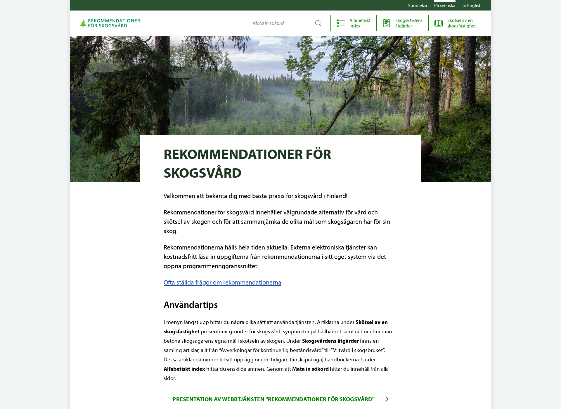 Screenshot for rekommendationerforskogsvard.fi