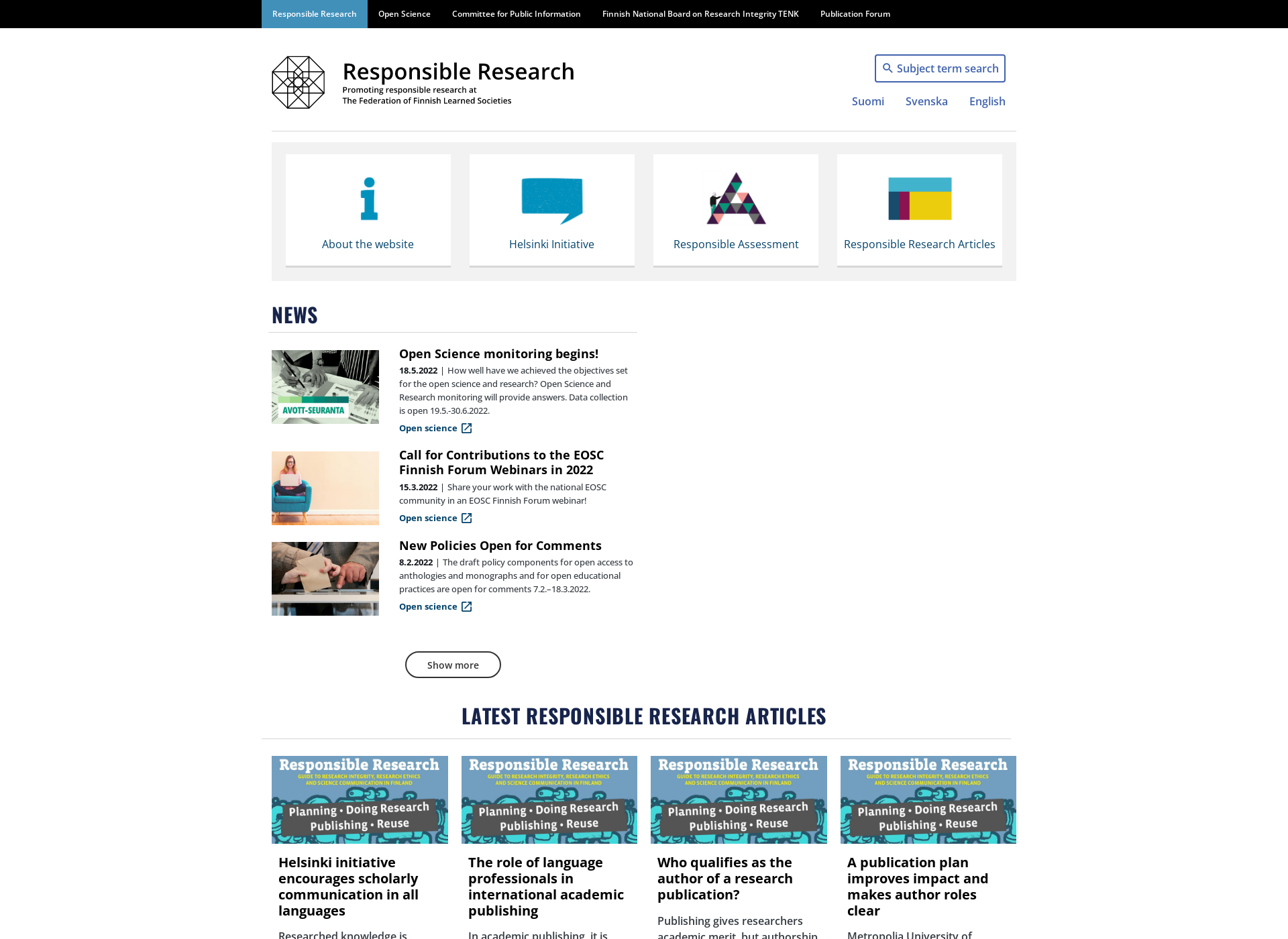 Skärmdump för responsibleresearch.fi