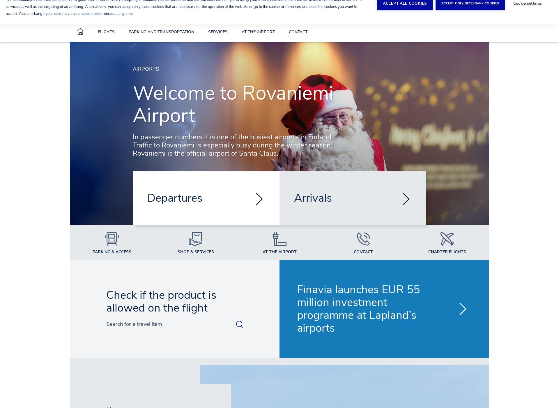 Skärmdump för rovaniemiairport.fi