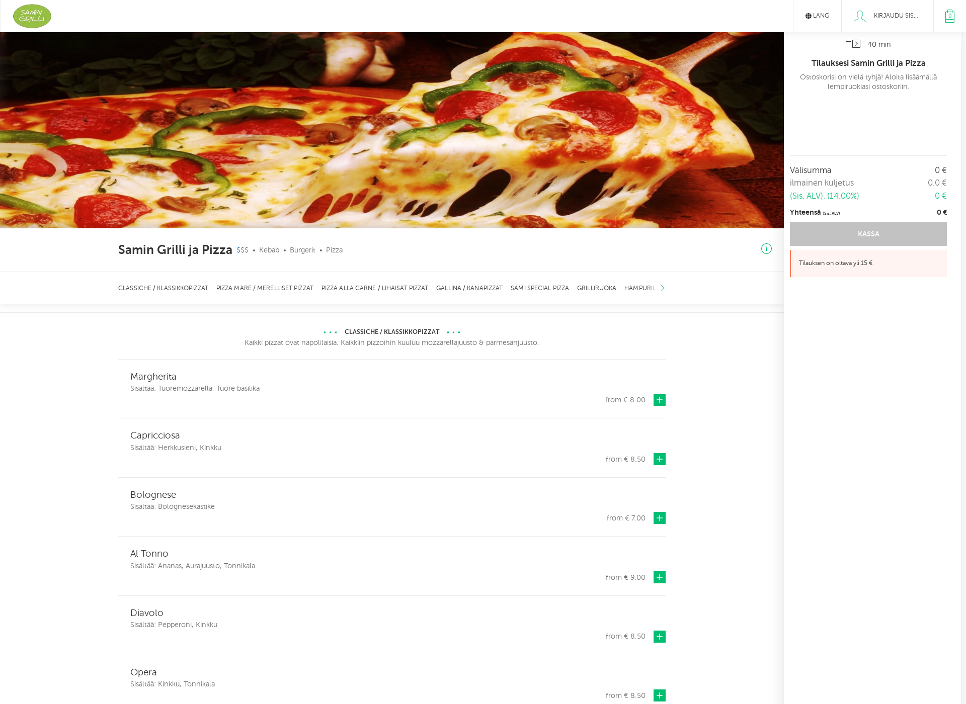 Skärmdump för samingrillijapizza.fi