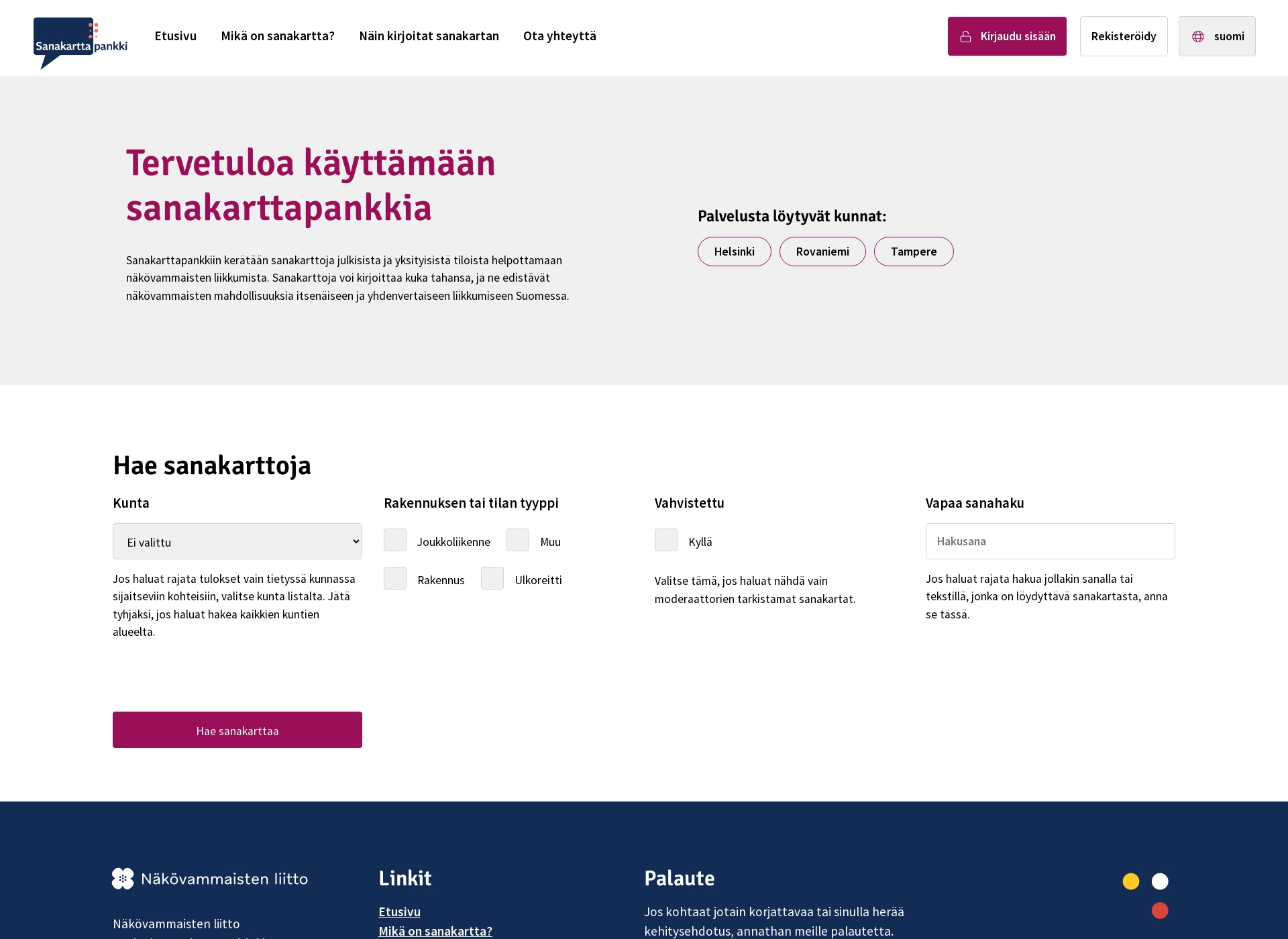 Skärmdump för sanakartat.fi