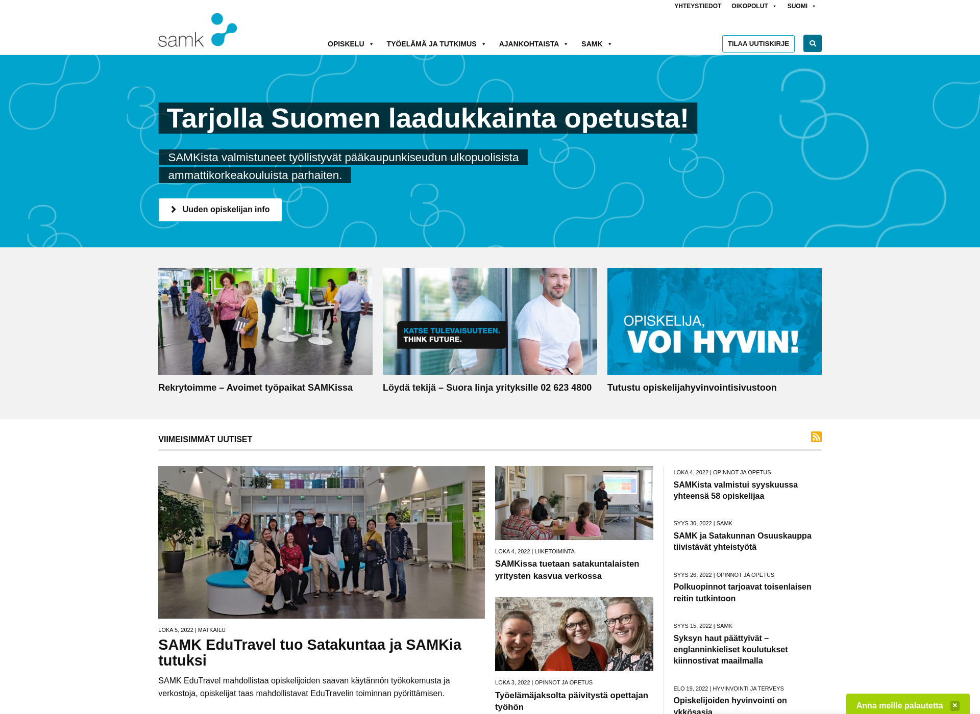 Skärmdump för satakunnanammattikorkeakoulu.fi