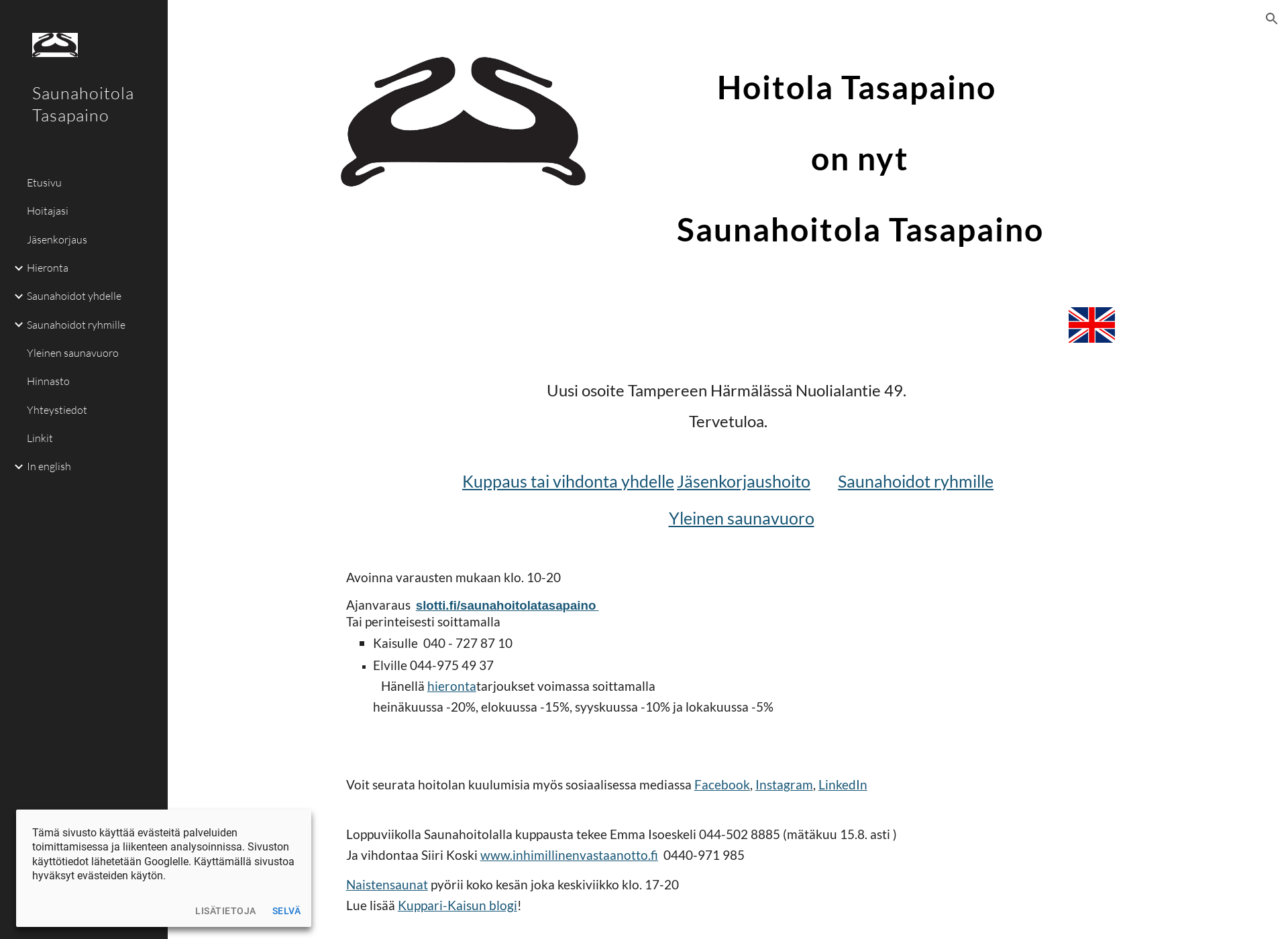 Skärmdump för saunahoitolatasapaino.fi