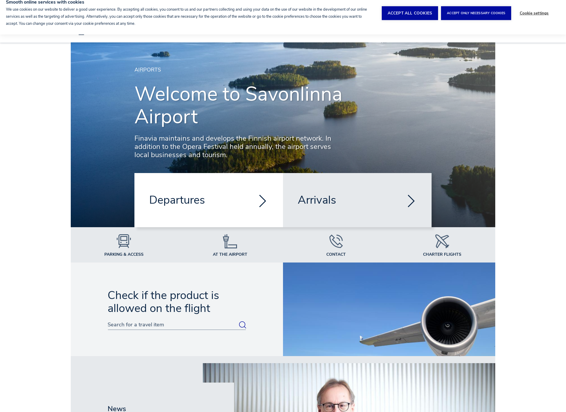 Skärmdump för savonlinnaairport.fi