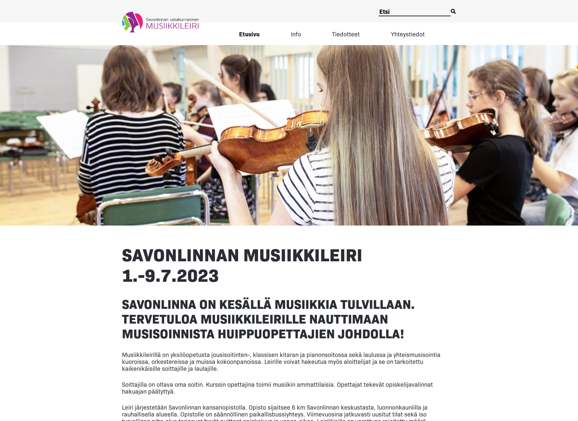 Näyttökuva savonlinnanmusiikkileiri.fi