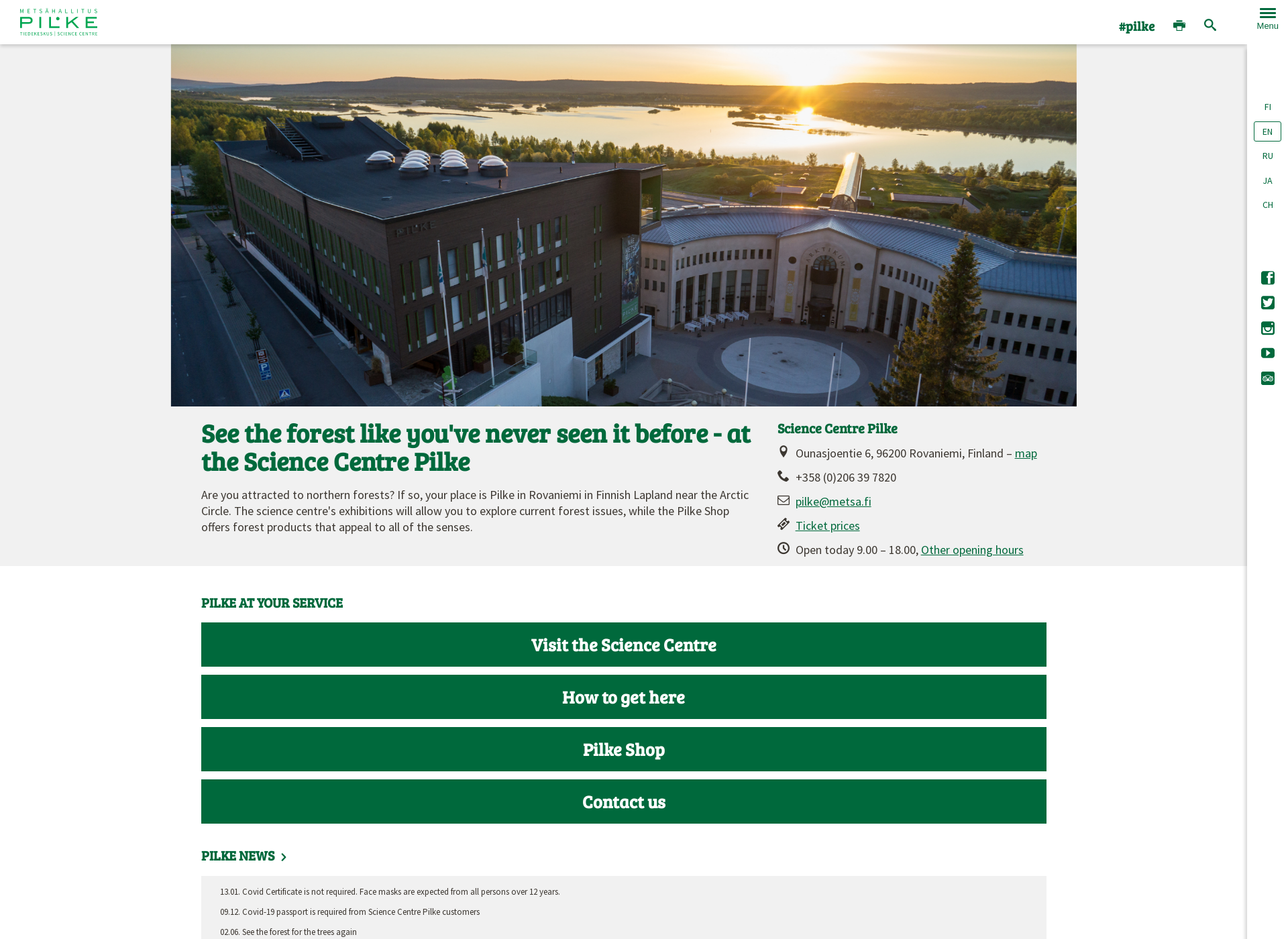 Skärmdump för sciencecentre-pilke.fi