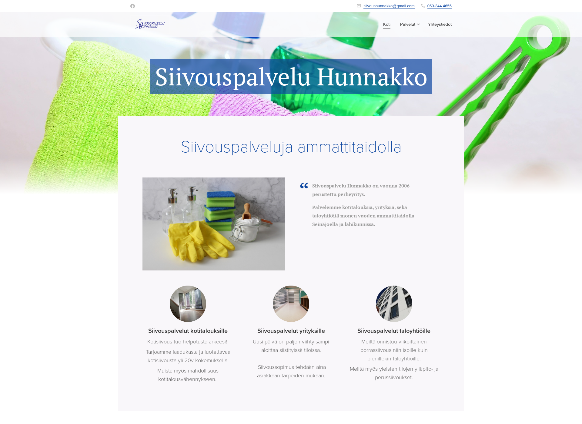 Skärmdump för siivouspalveluhunnakko.fi