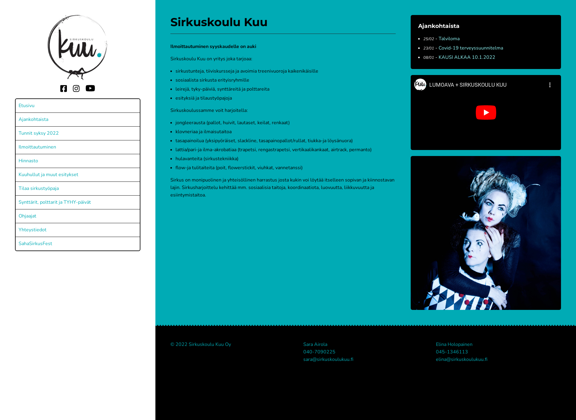 Skärmdump för sirkuskoulukuu.fi