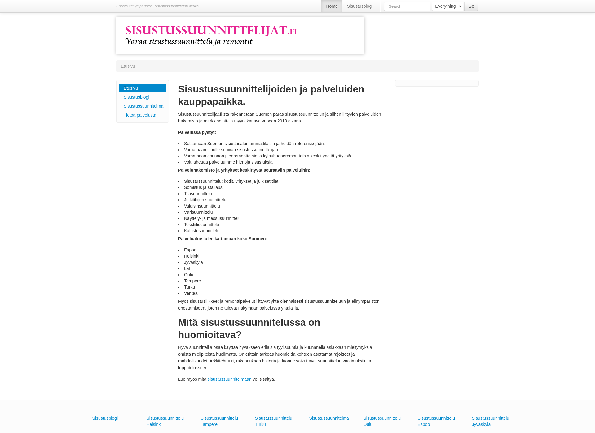 Skärmdump för sisustussuunnittelijat.fi