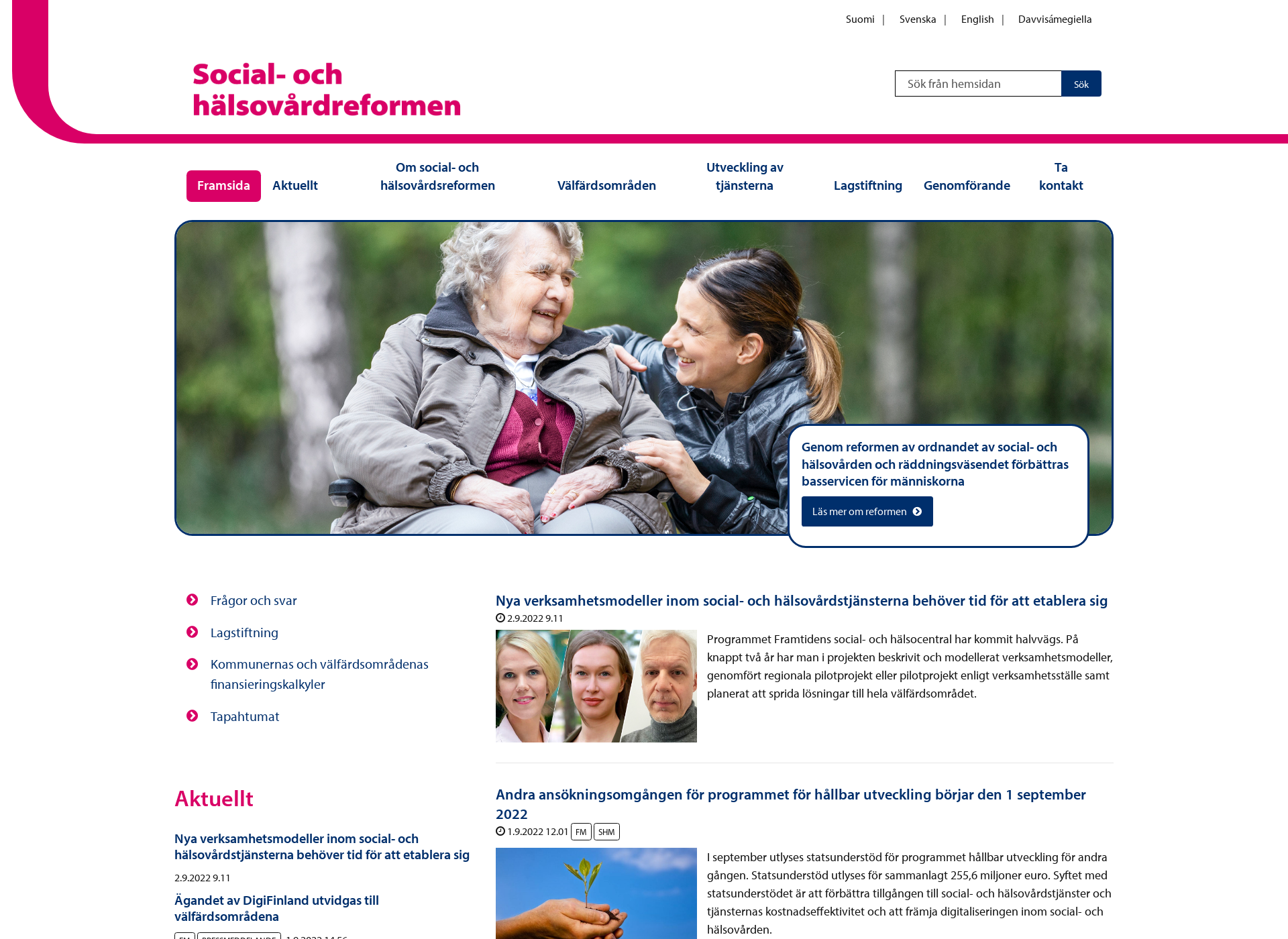 Skärmdump för sote-reformen.fi