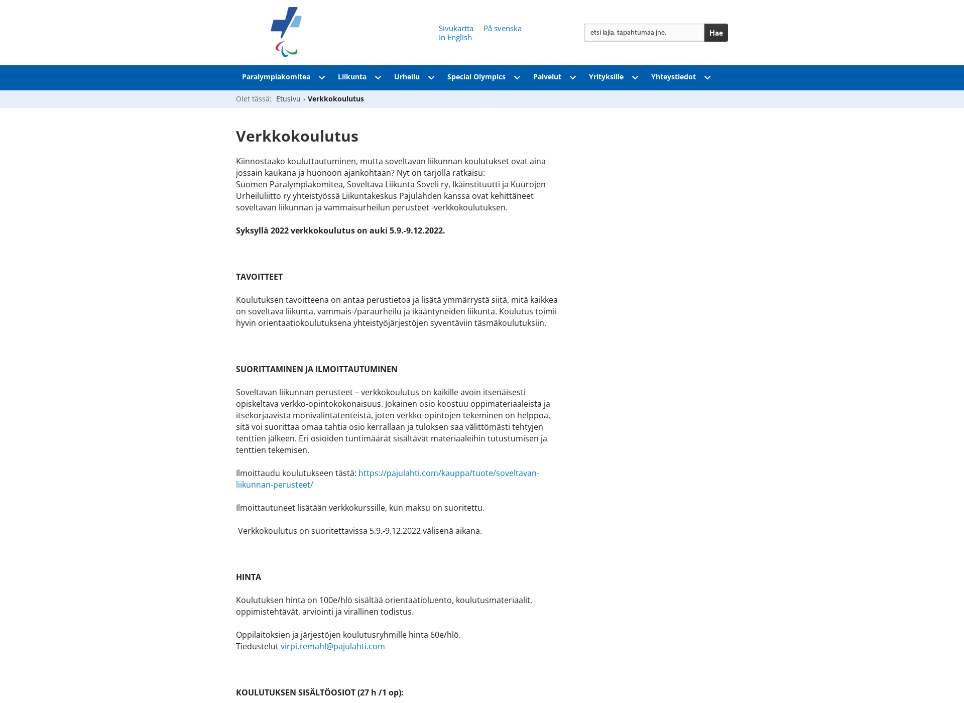 Skärmdump för soveltavanliikunnanverkkokoulutus.fi