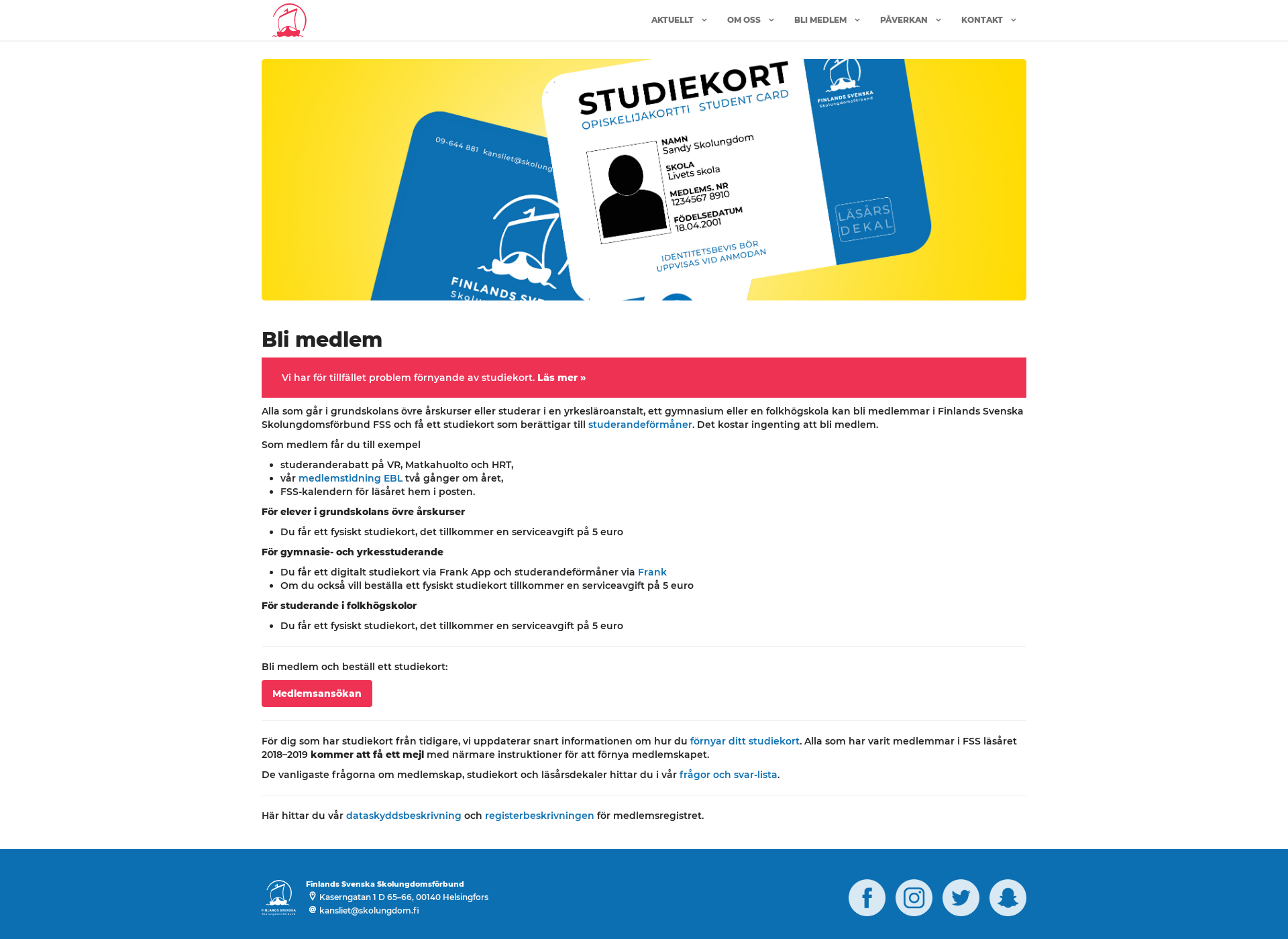 Skärmdump för studiekort.fi