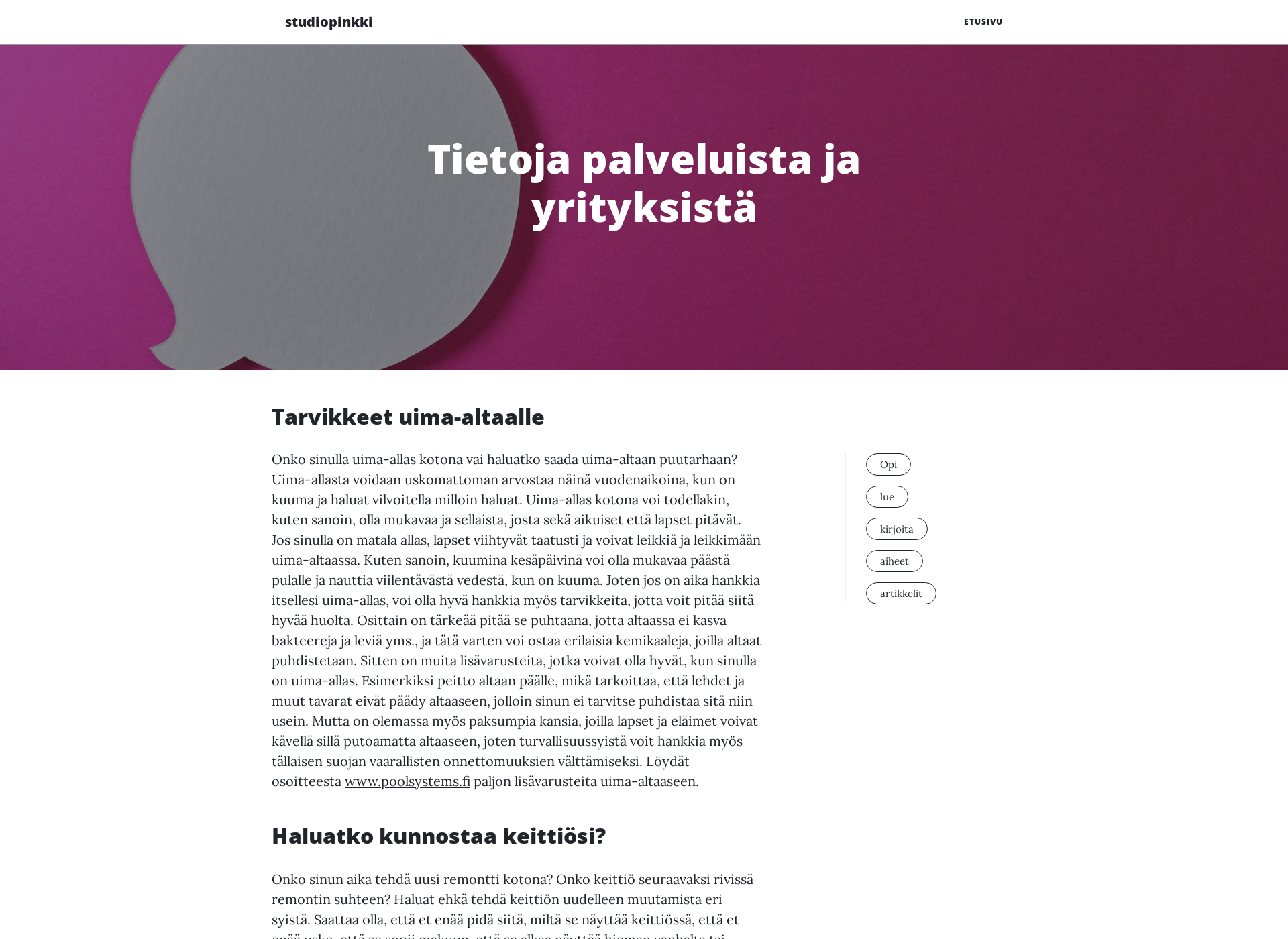 Skärmdump för studiopinkki.fi