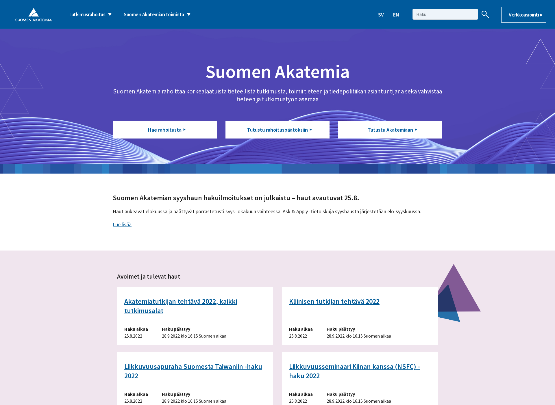 Skärmdump för suomenakatemia.fi