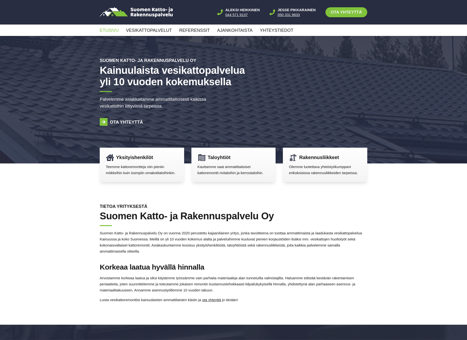 Skärmdump för suomenkattojarakennuspalvelu.fi
