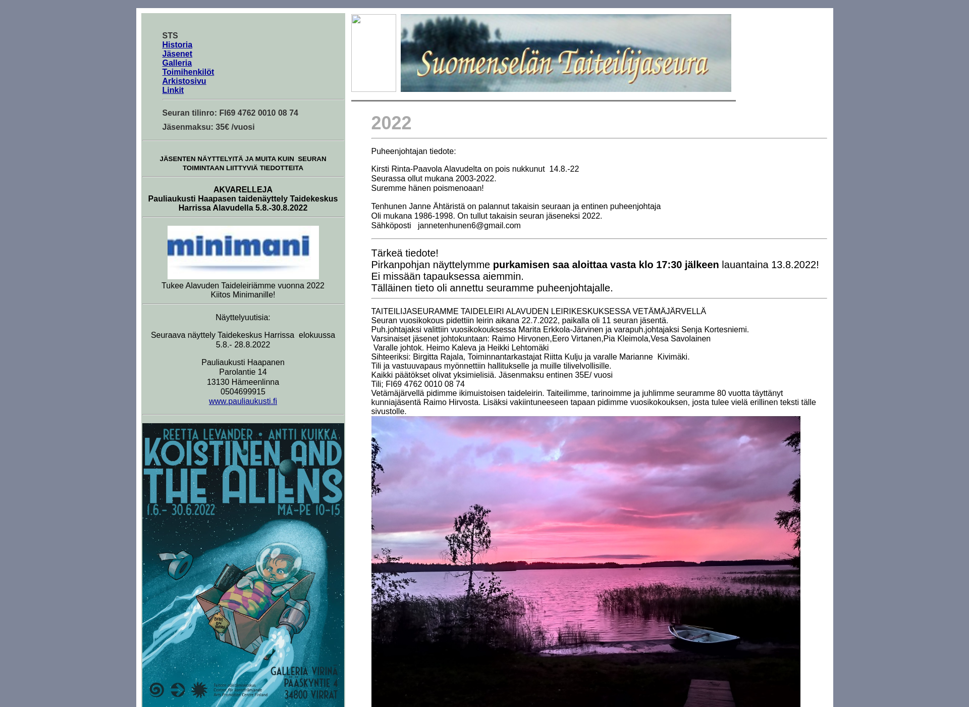 Skärmdump för suomenselantaiteilijaseura.fi