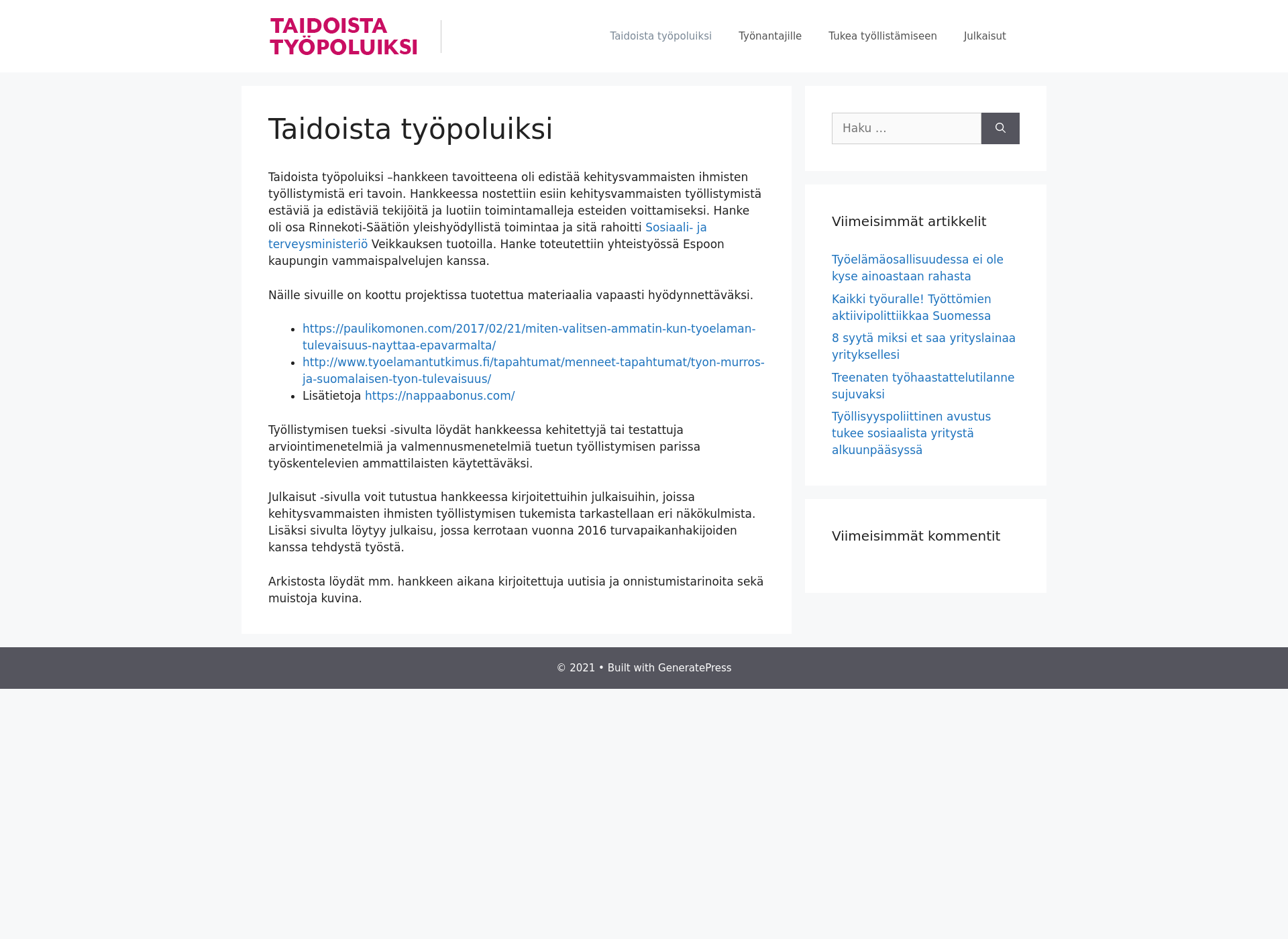 Screenshot for taidoistatyopoluiksi.fi