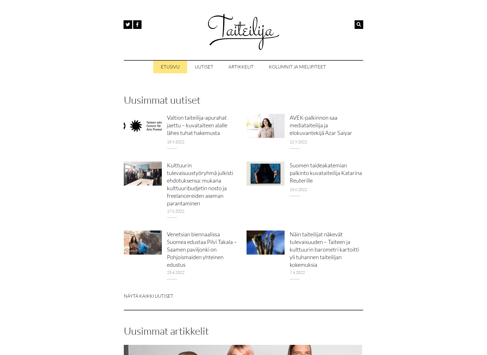 Skärmdump för taiteilijalehti.fi