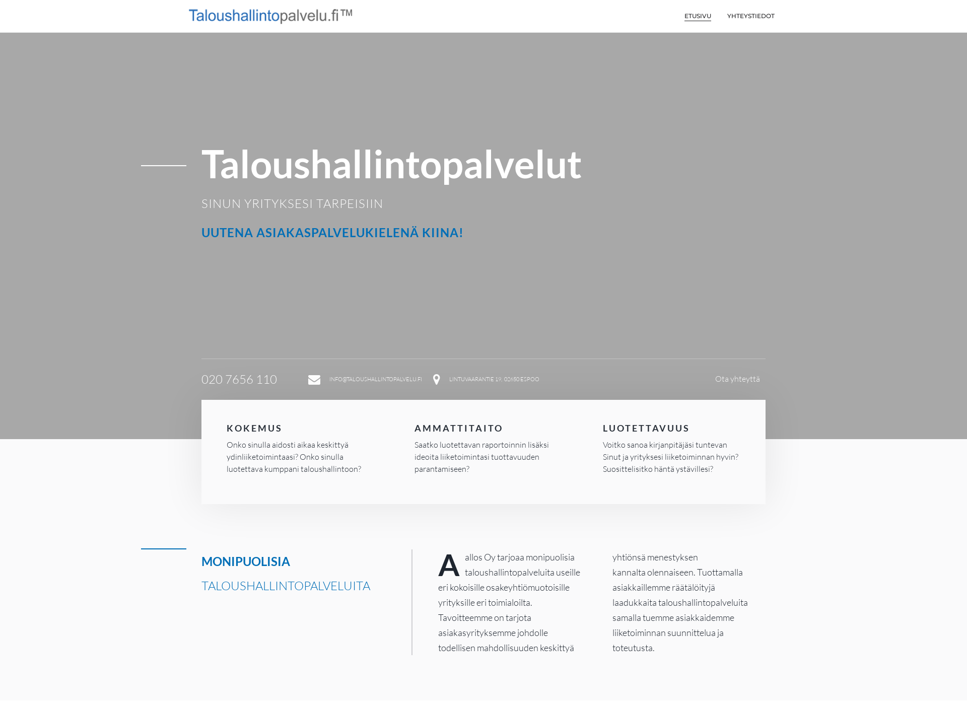 Skärmdump för taloushallintopalvelu.fi