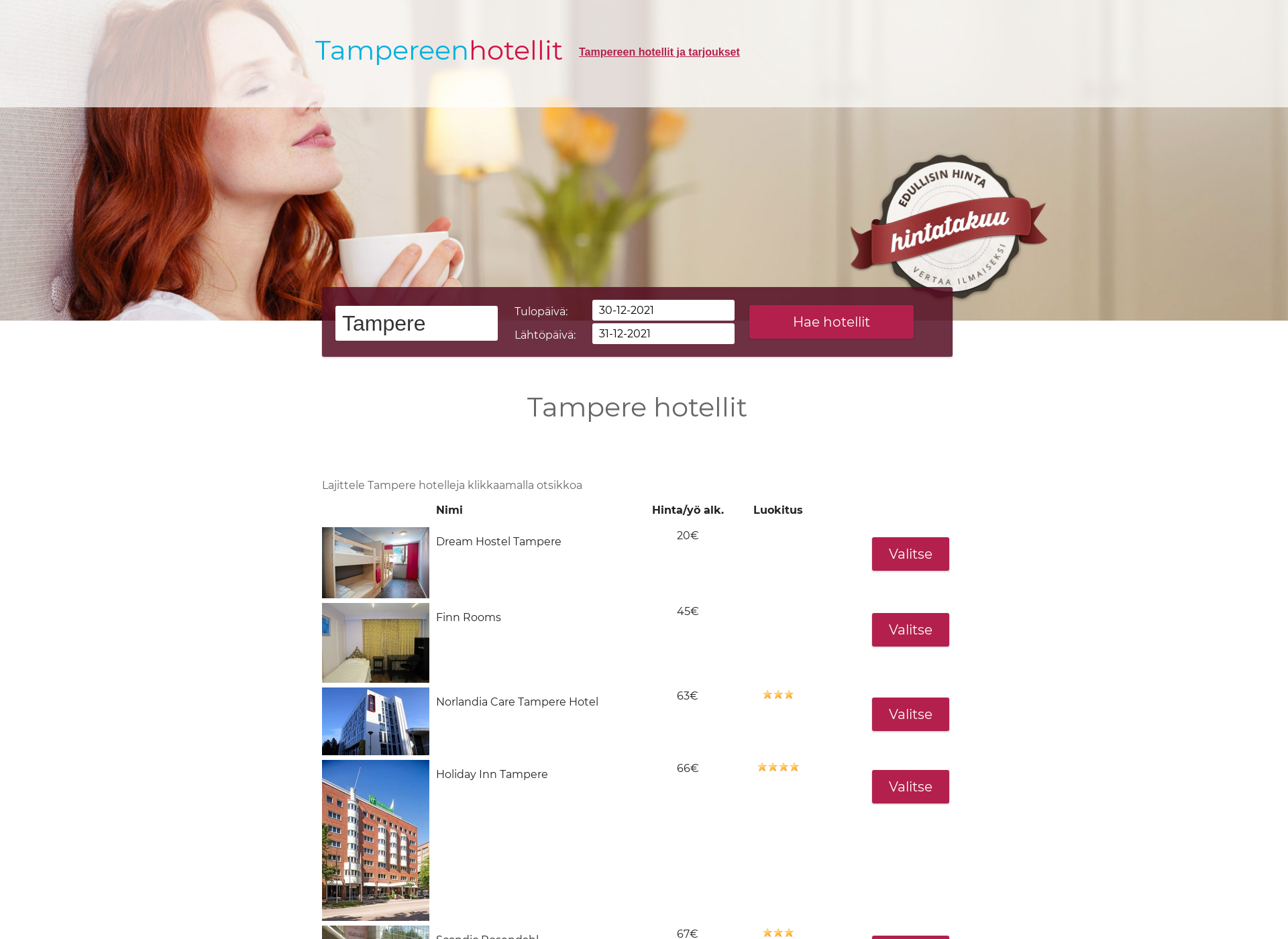 Skärmdump för tamperehotellit.fi