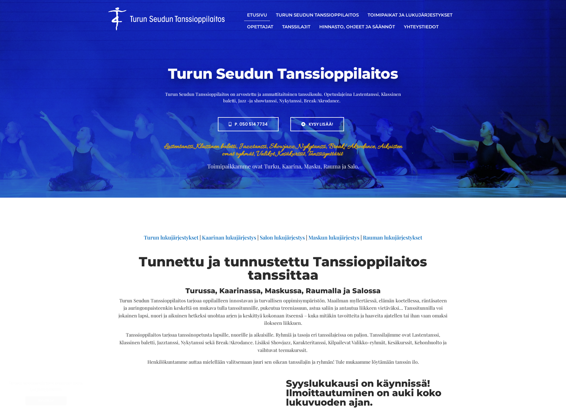 Skärmdump för tanssioppilaitos.fi