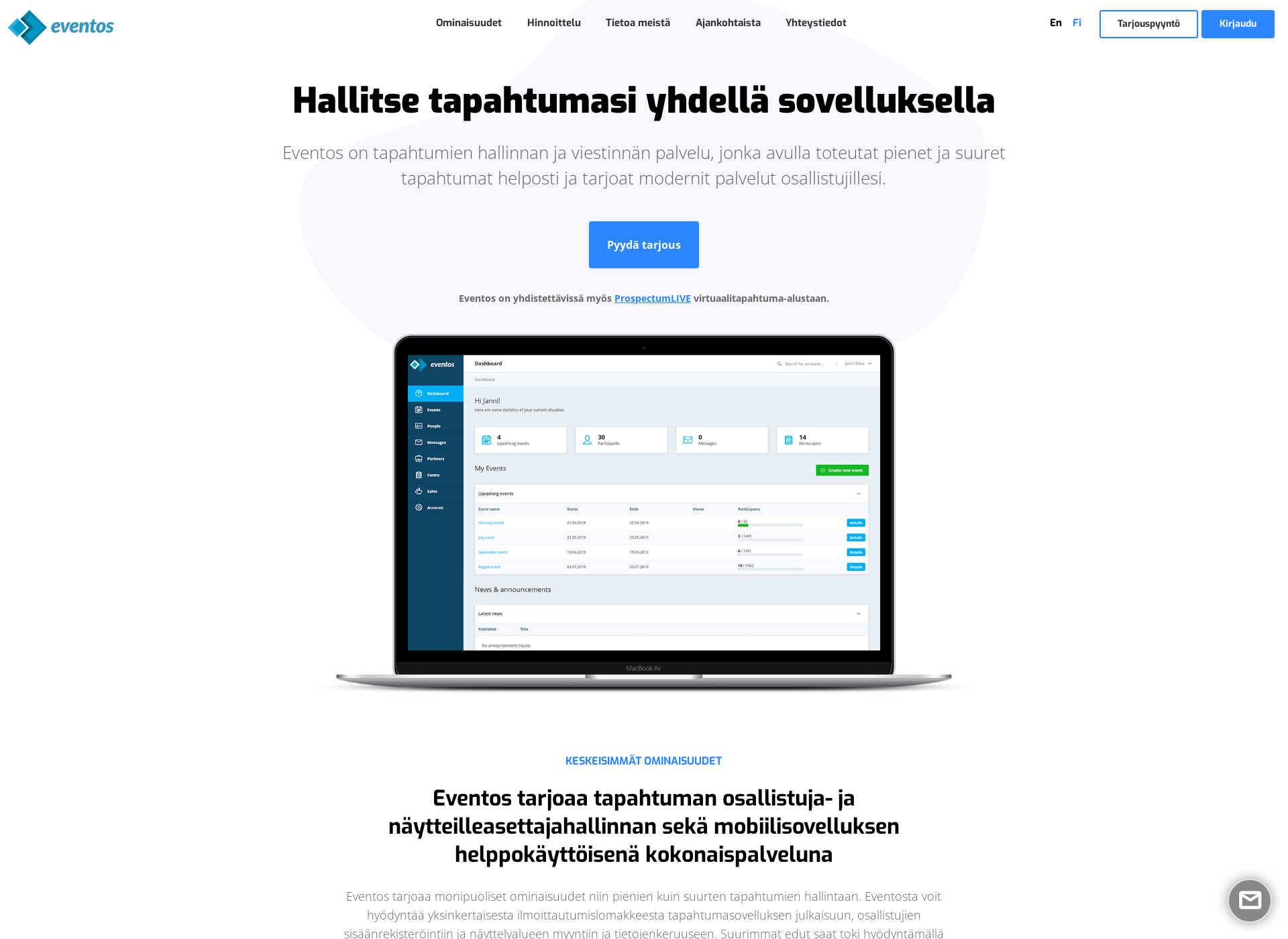 Skärmdump för tapahtumasovellus.fi