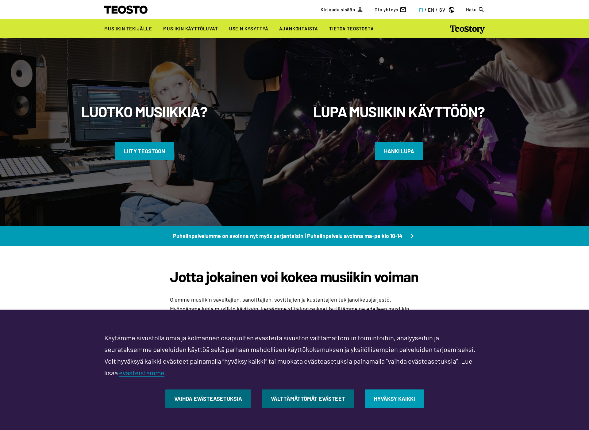 Skärmdump för teosto.fi