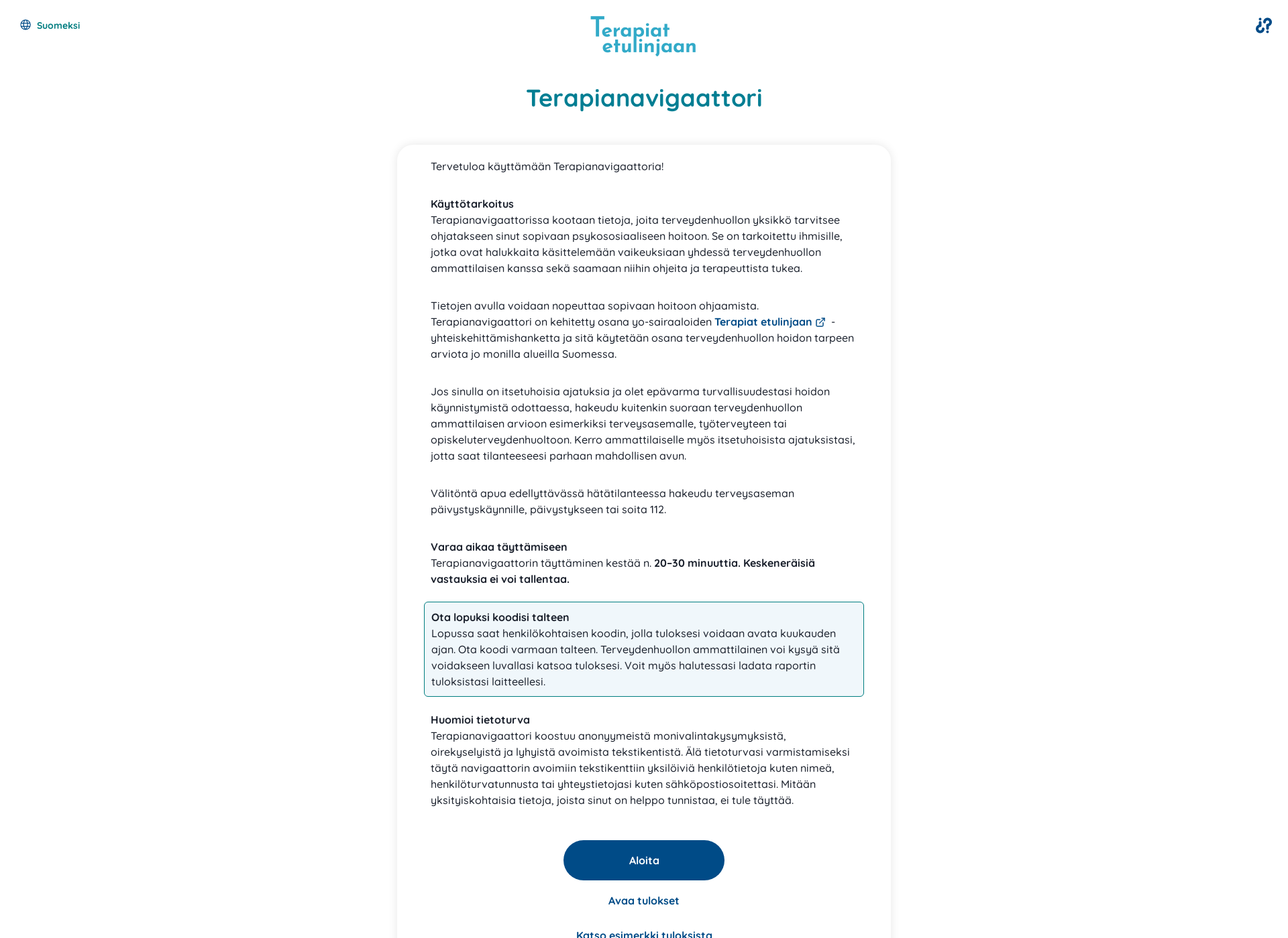 Skärmdump för terapianavigaattori.fi