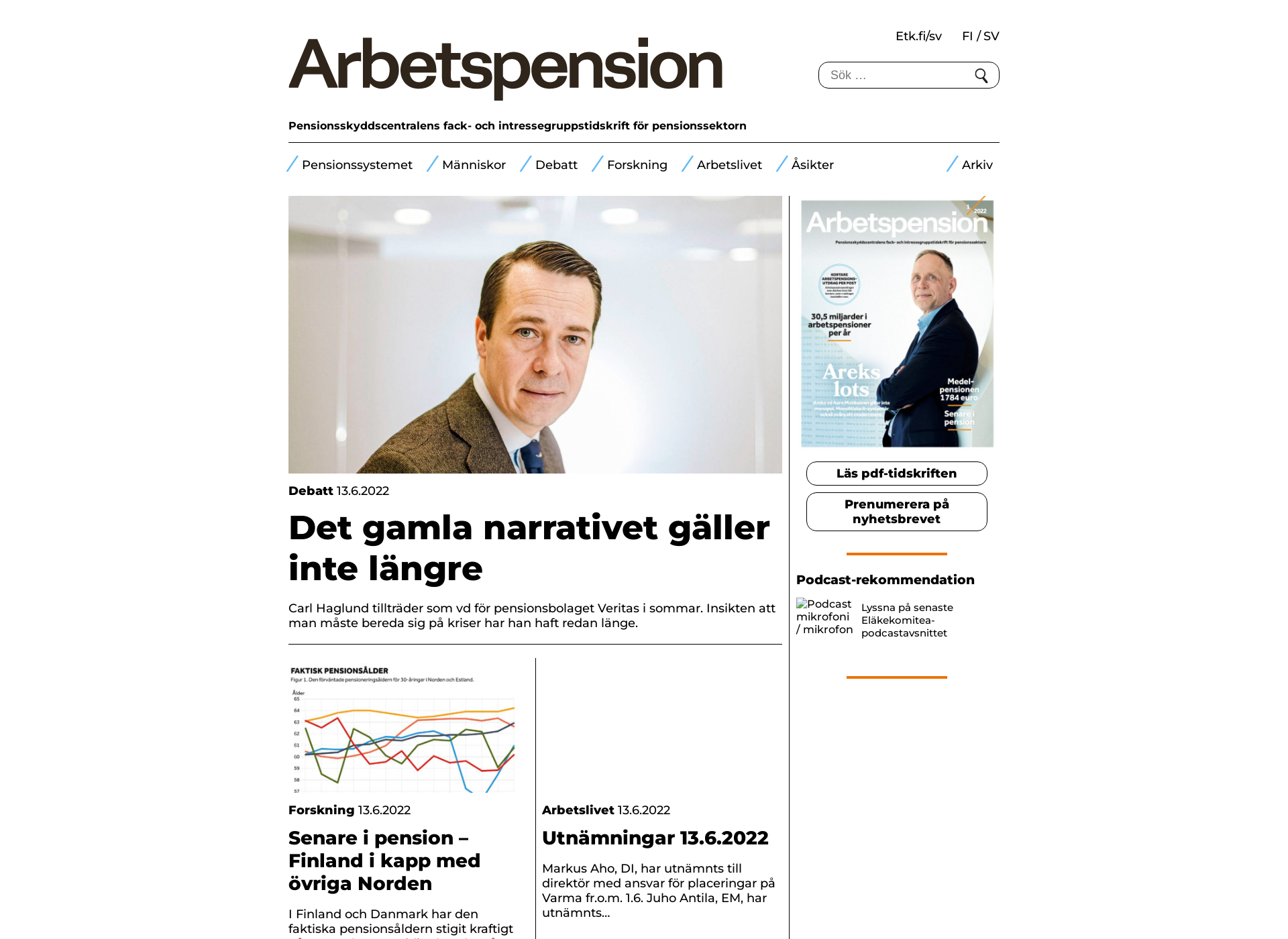 Screenshot for tidskriftenarbetspension.fi
