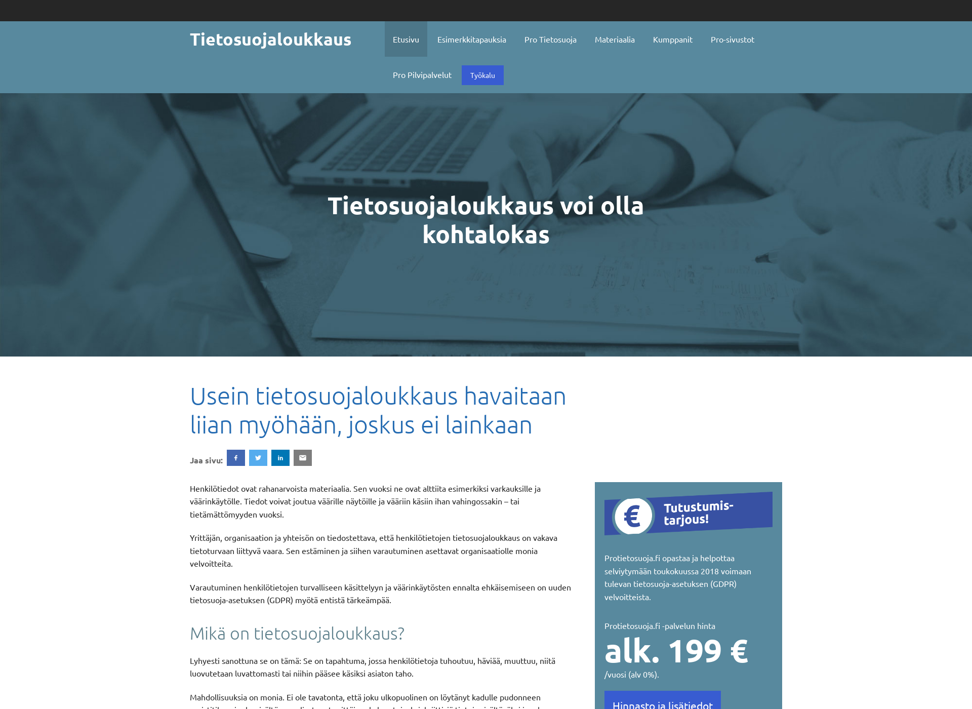 Skärmdump för tietosuojaloukkaus.fi