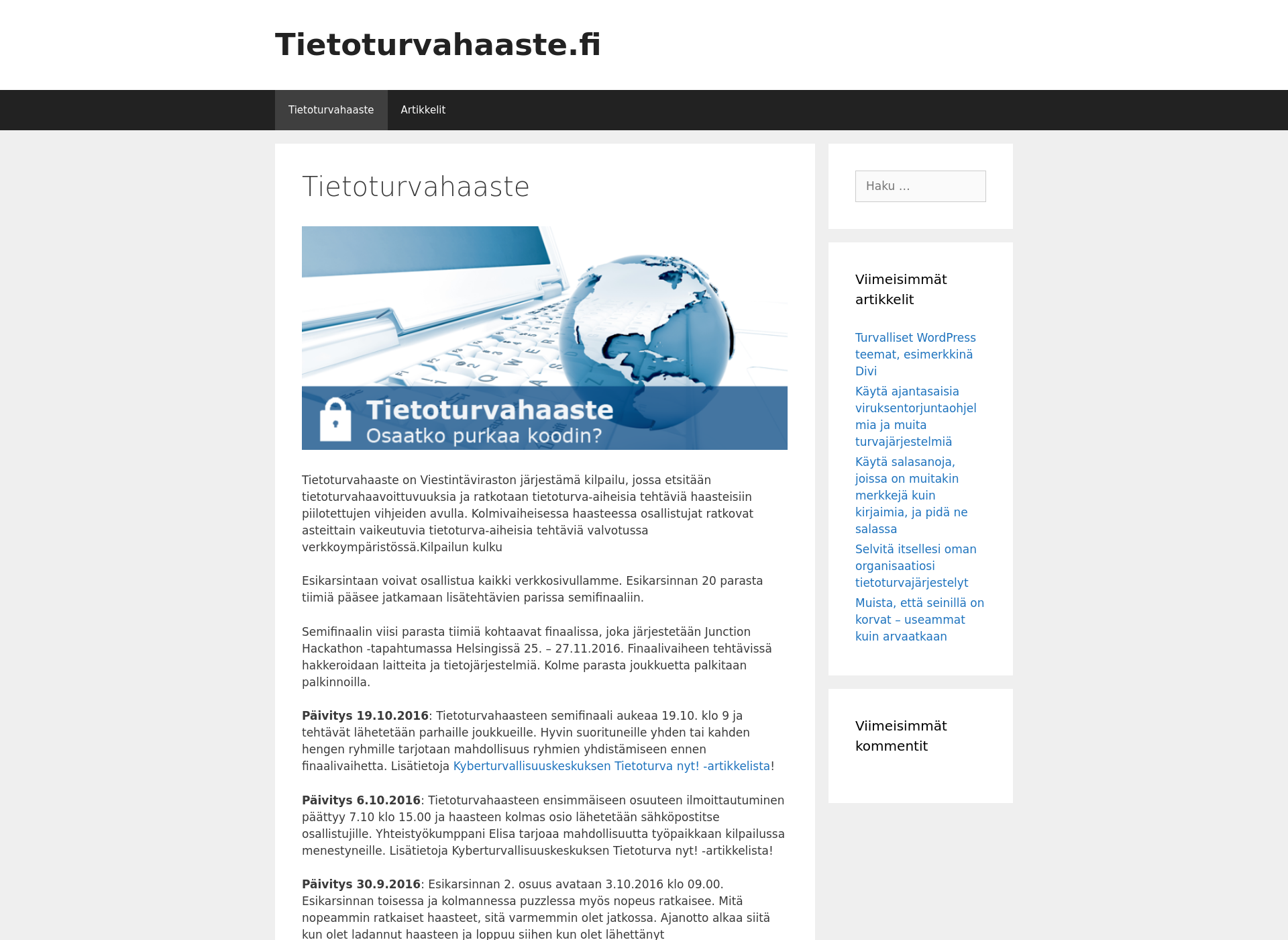 Skärmdump för tietoturvahaaste.fi