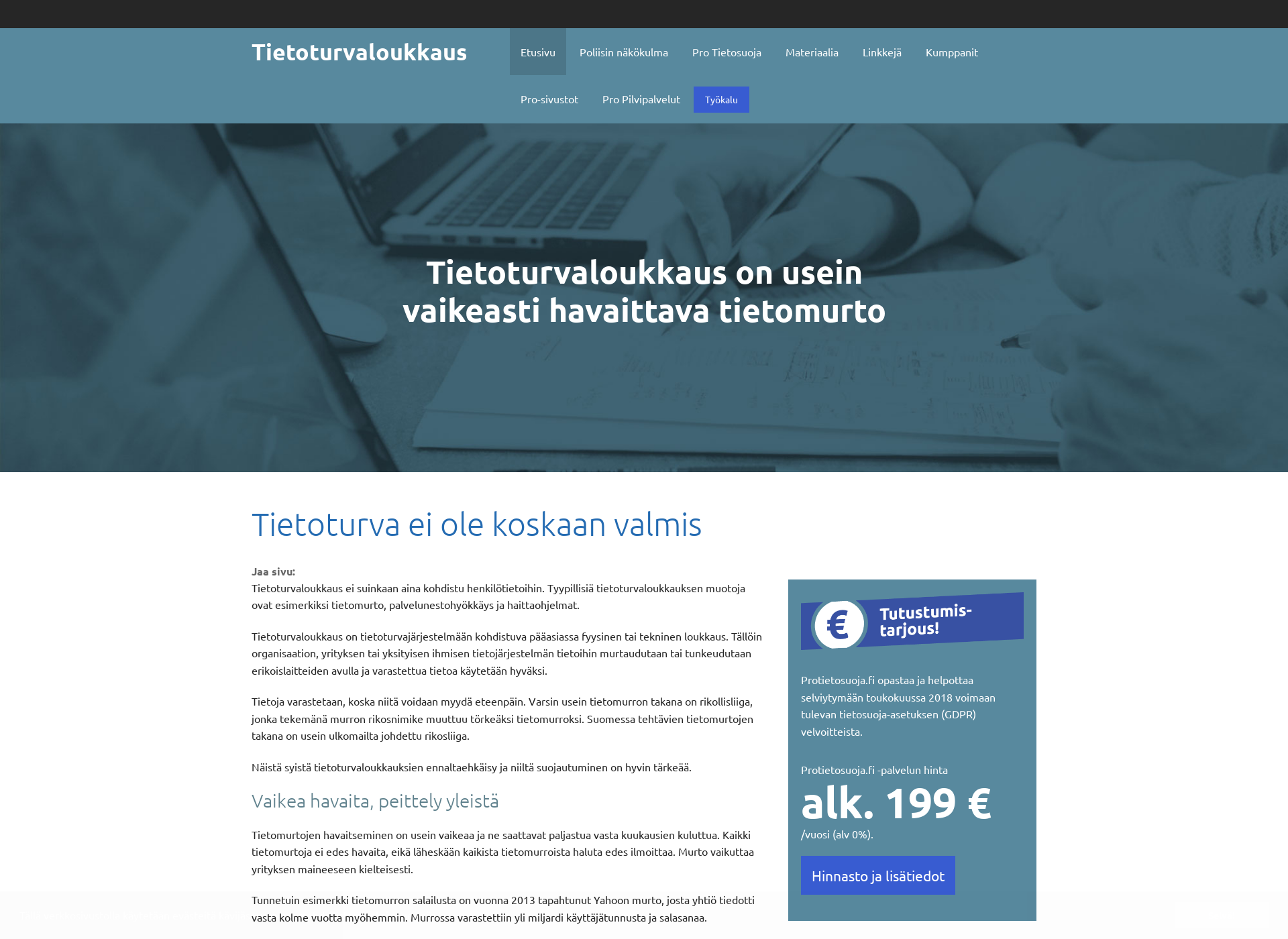 Skärmdump för tietoturvaloukkaus.fi