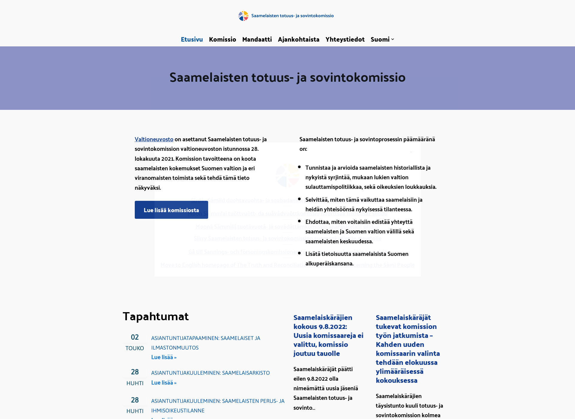 Skärmdump för totuusjasovintokomissio.fi