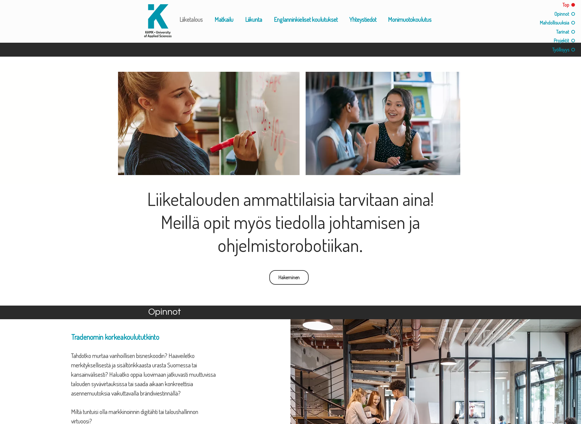 Skärmdump för tradenomikoulutus.fi
