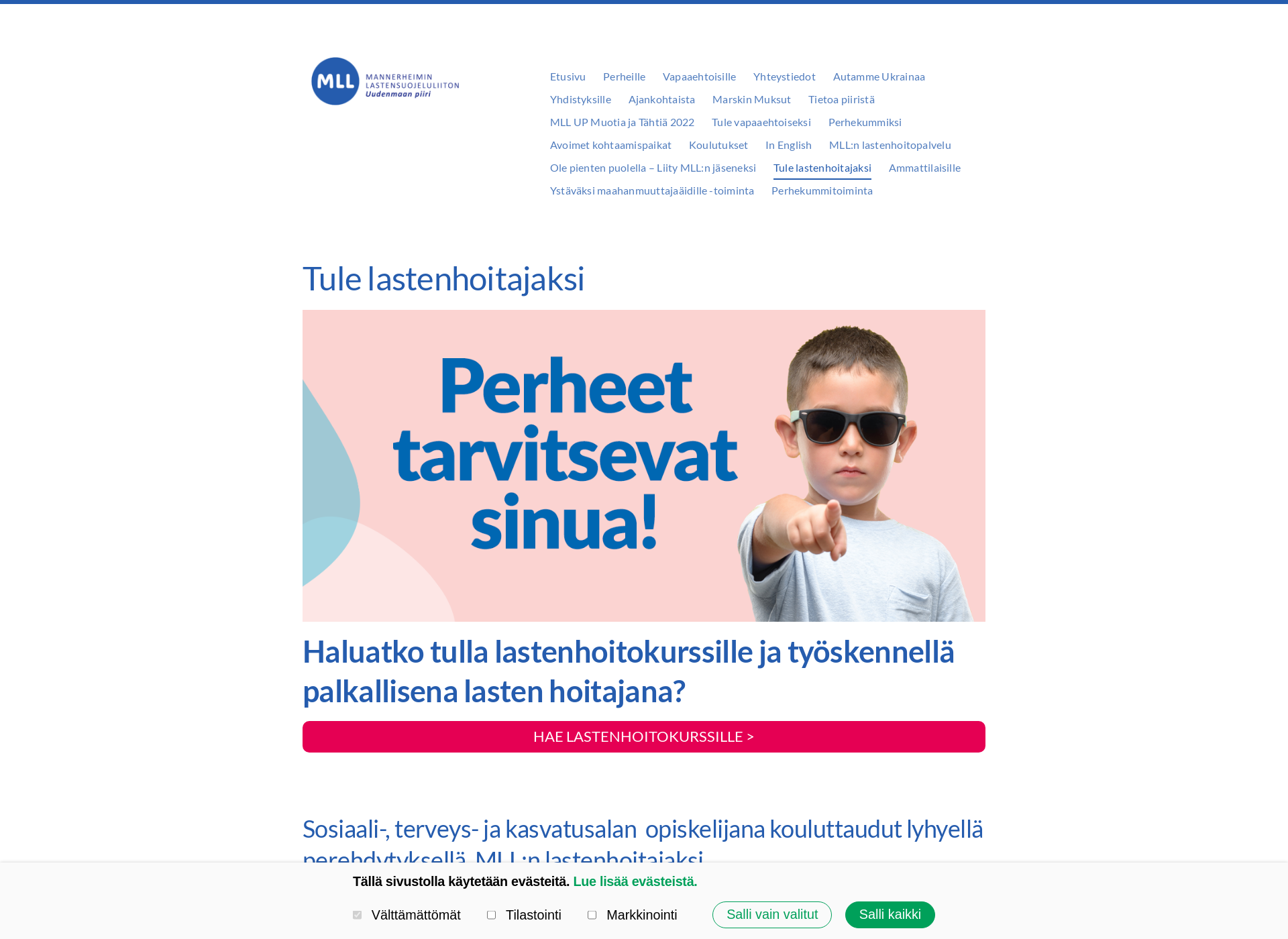 Skärmdump för tulelastenhoitajaksi.fi