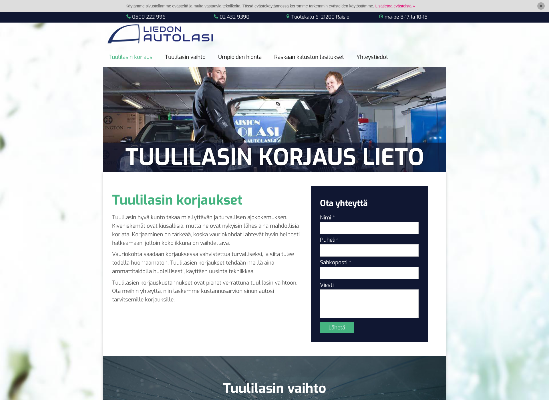 Skärmdump för tuulilasinkorjauslieto.fi