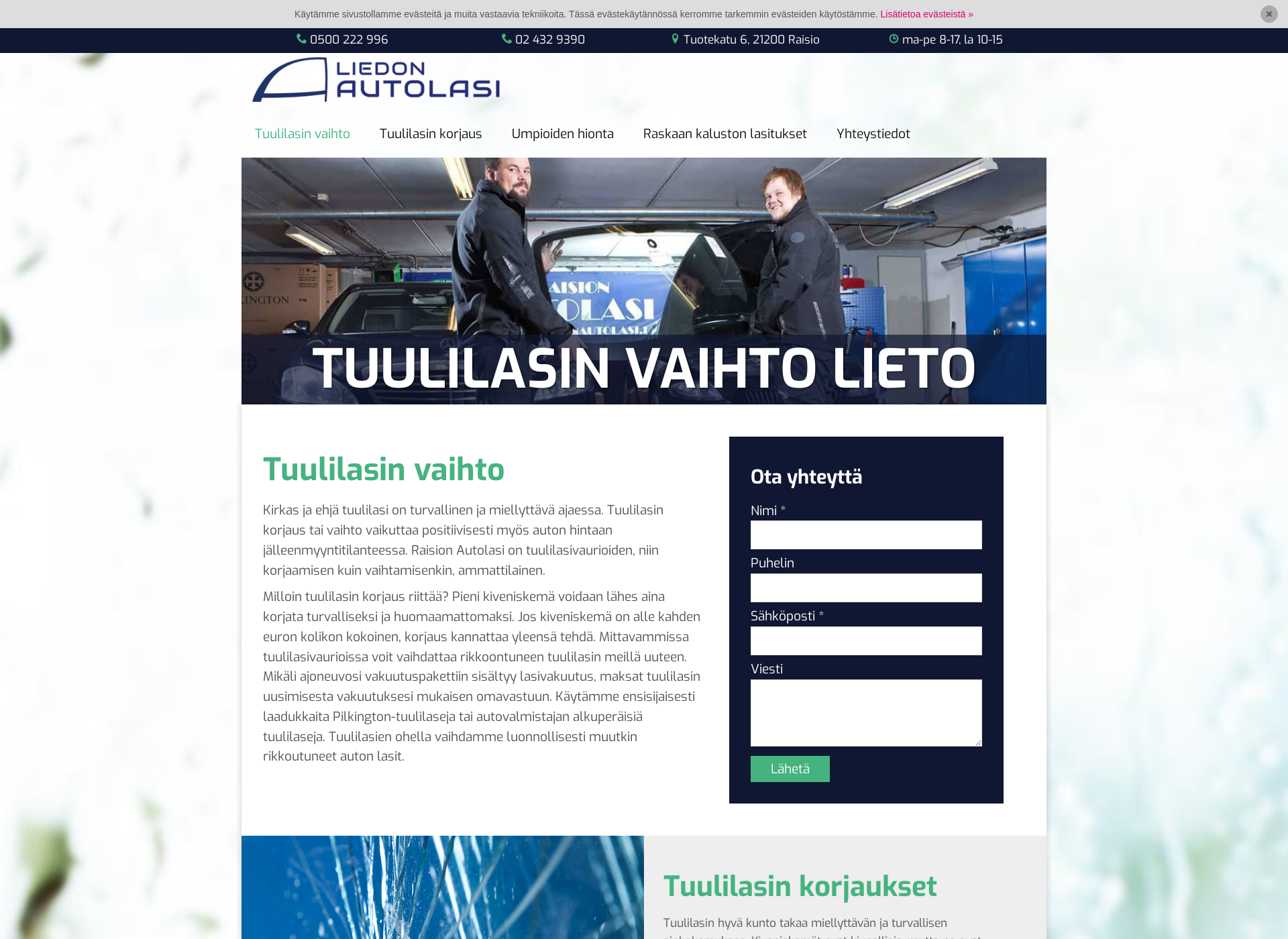Skärmdump för tuulilasinvaihtolieto.fi