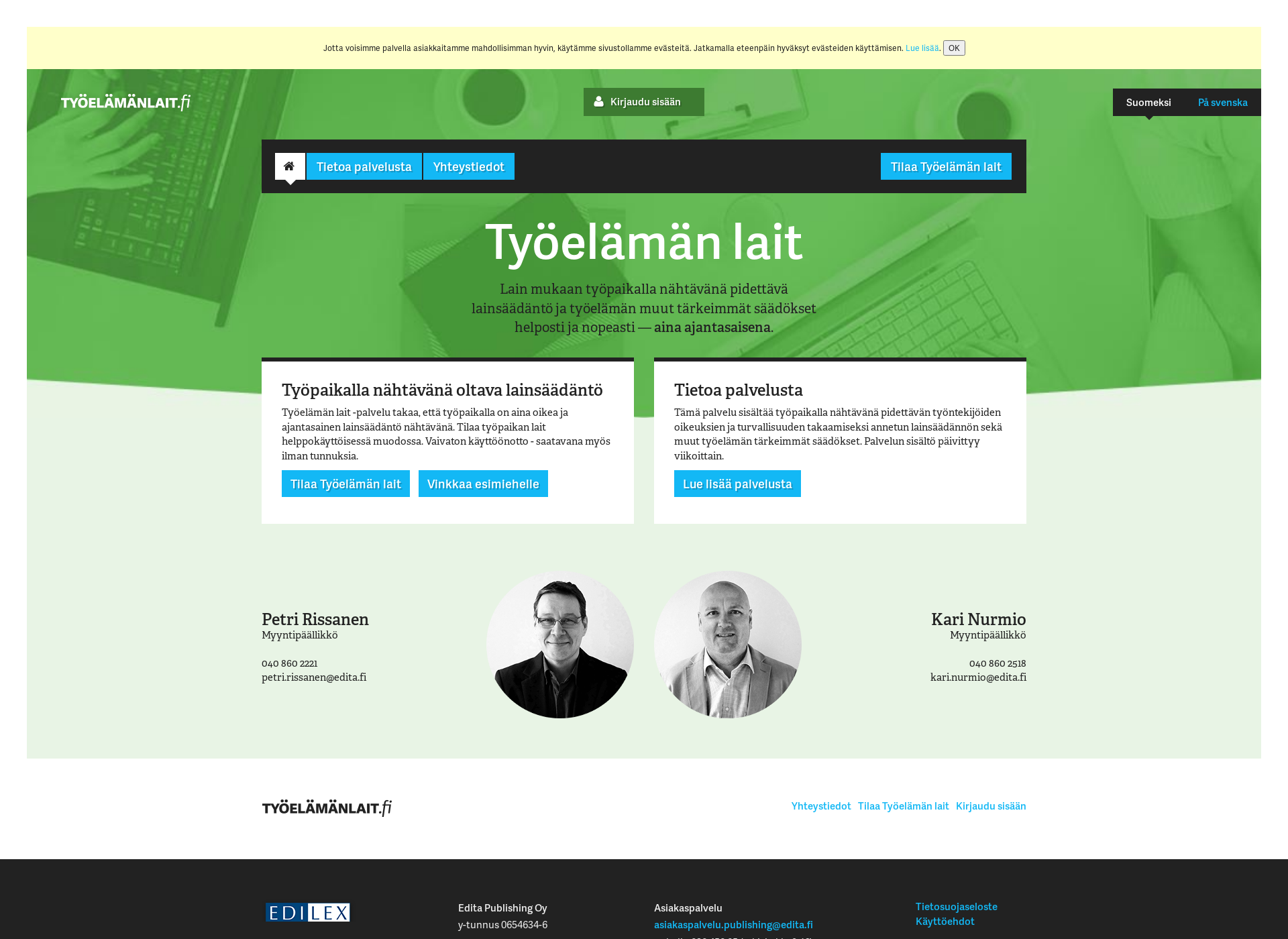 Skärmdump för tyoelamanlait.fi