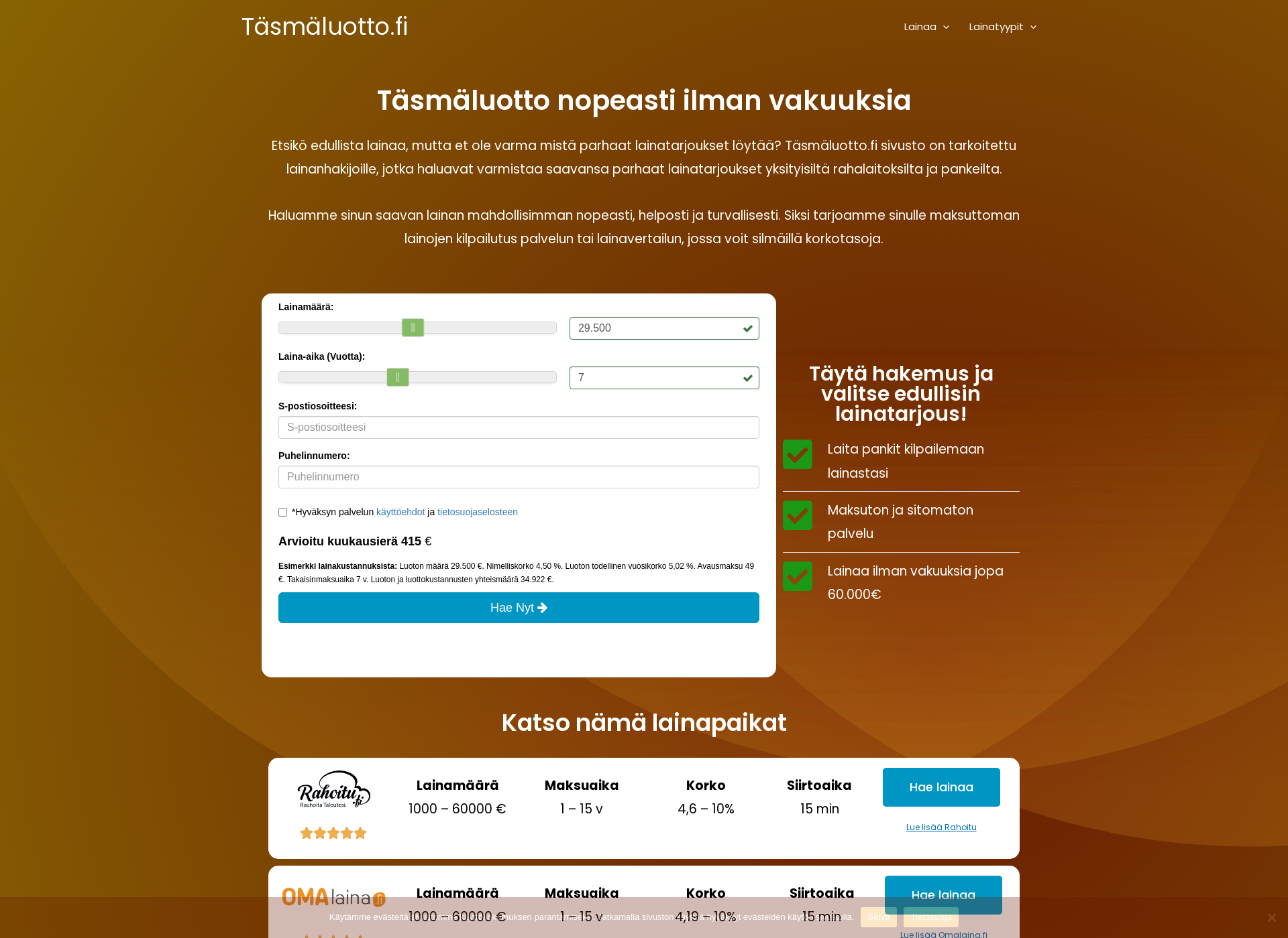 Skärmdump för täsmäluotto.fi