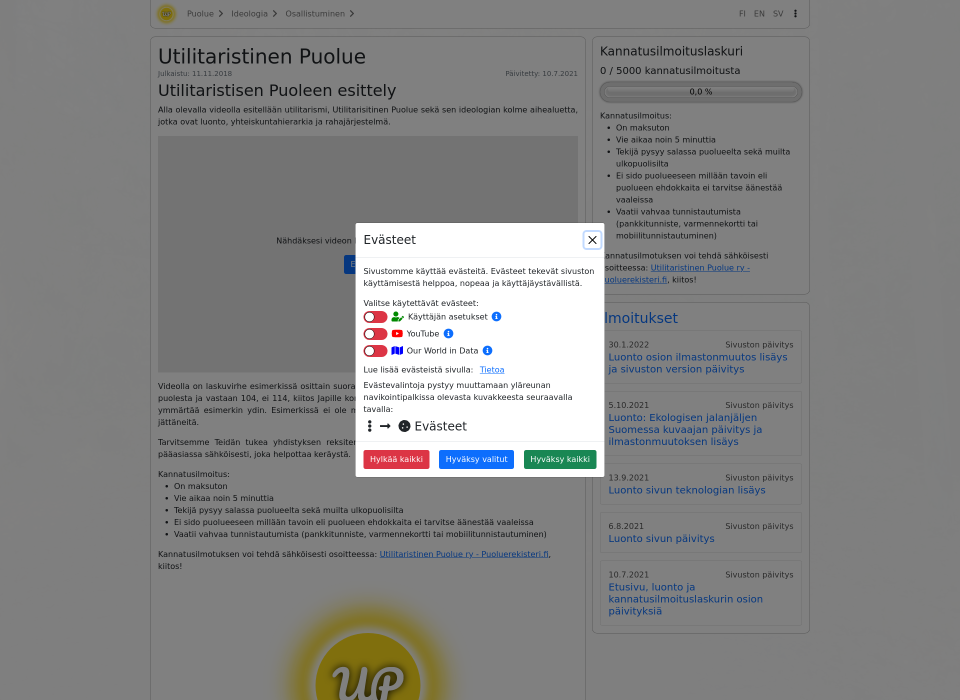 Screenshot for utilitaristinenpuolue.fi